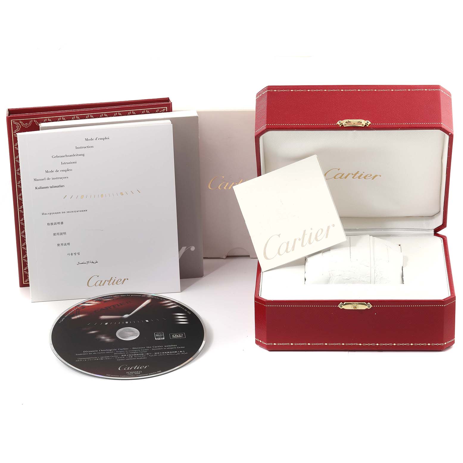 This image shows the packaging and accessories of the Cartier Pasha W31076M7 Women's Stainless Steel Black Dial W31076M7 Women's Stainless Steel Black Dial watch, including the red box, manuals, and a CD.