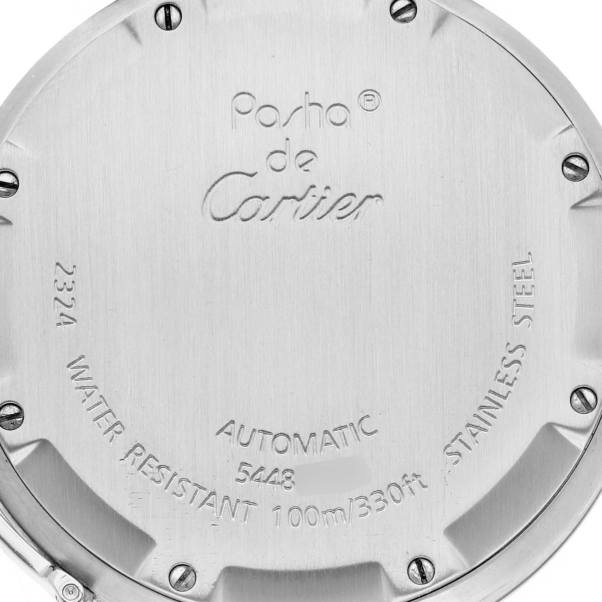 The image shows the back case of a Cartier Pasha W31076M7 Women's Stainless Steel Black Dial W31076M7 Women's Stainless Steel Black Dial watch, highlighting engravings and water resistance details.