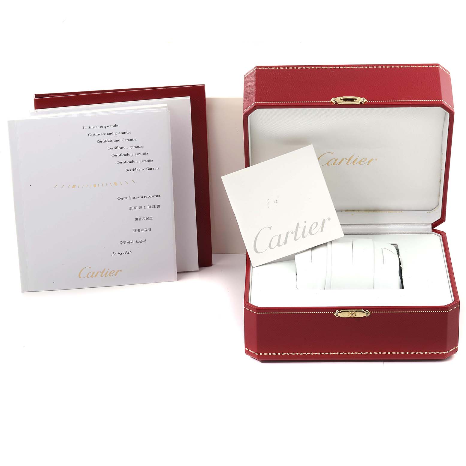 The image shows the packaging and warranty documents for the Cartier Tank Anglaise W5310036 Women's Steel and Gold (two tone) Silver Dial W5310036 Women's Steel and Gold (two tone) Silver Dial watch.