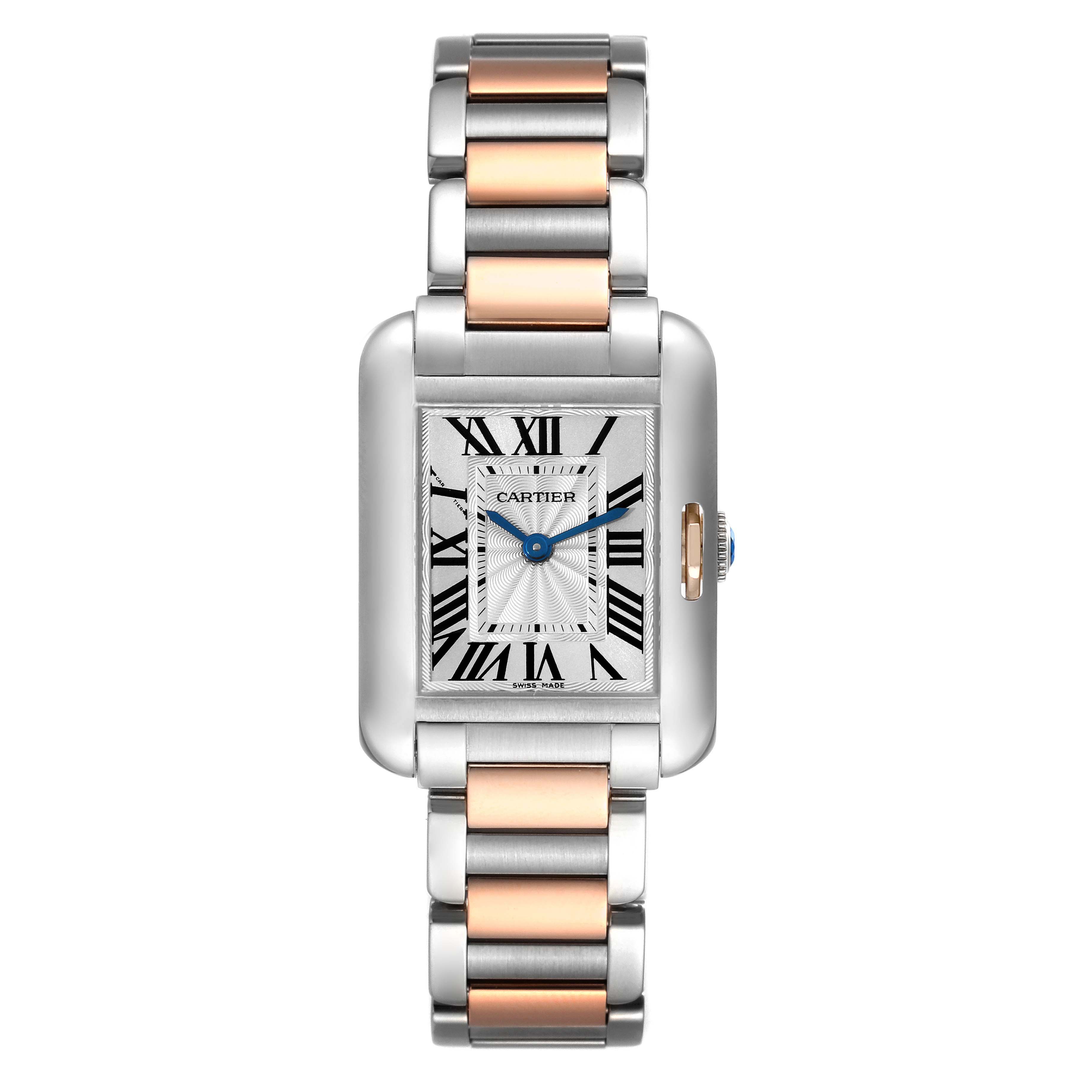 The Cartier Tank Anglaise W5310036 Women's Steel and Gold (two tone) Silver Dial W5310036 Women's Steel and Gold (two tone) Silver Dial watch is shown from a top-down angle, displaying the face, bezel, and metal bracelet with gold and silver links.