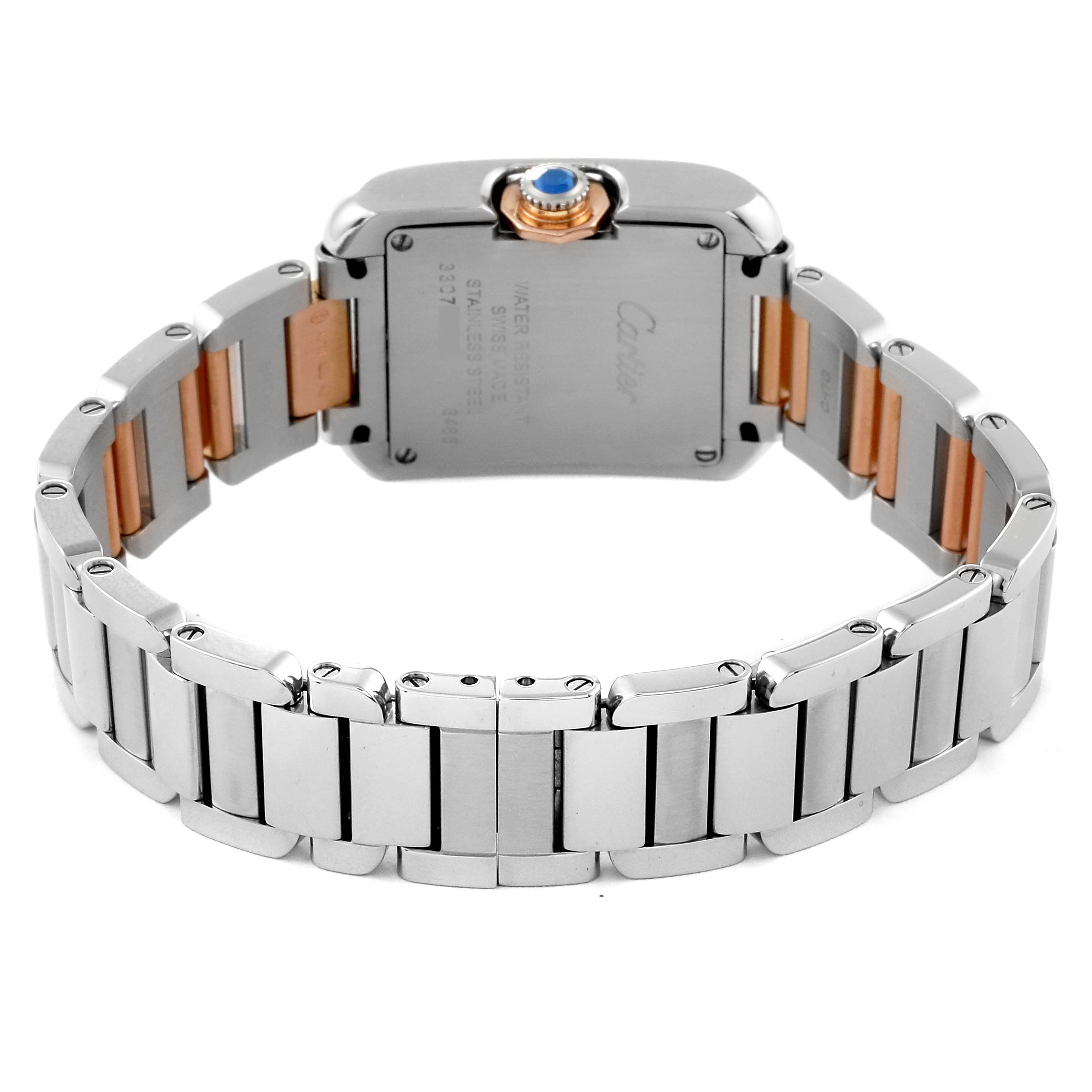 The image shows the back view of the Cartier Tank Anglaise W5310036 Women's Steel and Gold (two tone) Silver Dial W5310036 Women's Steel and Gold (two tone) Silver Dial watch, highlighting the clasp, bracelet, and case back. 