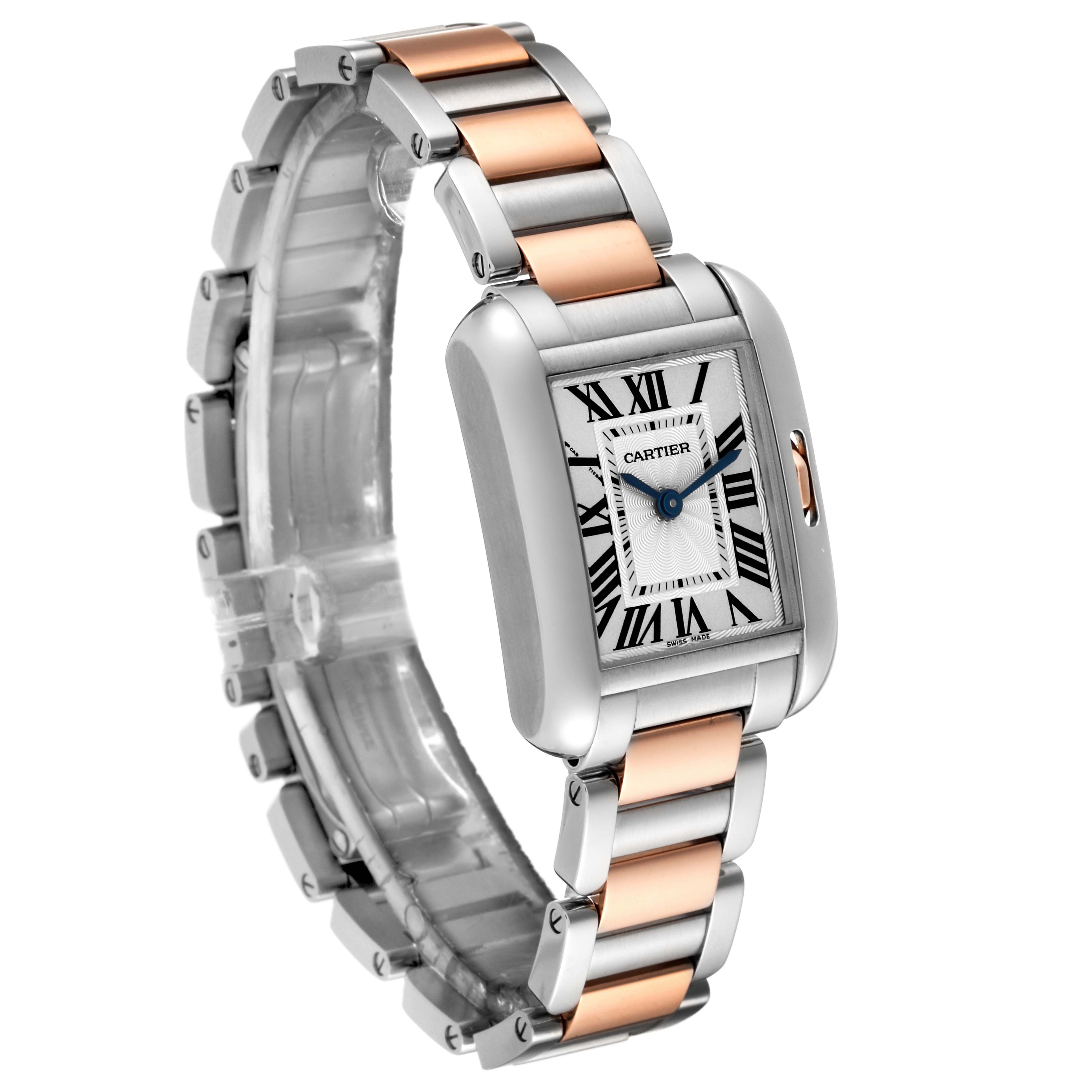The Cartier Tank Anglaise W5310036 Women's Steel and Gold (two tone) Silver Dial W5310036 Women's Steel and Gold (two tone) Silver Dial watch is shown from a front-left angle, highlighting its rectangular face and two-tone metal bracelet.
