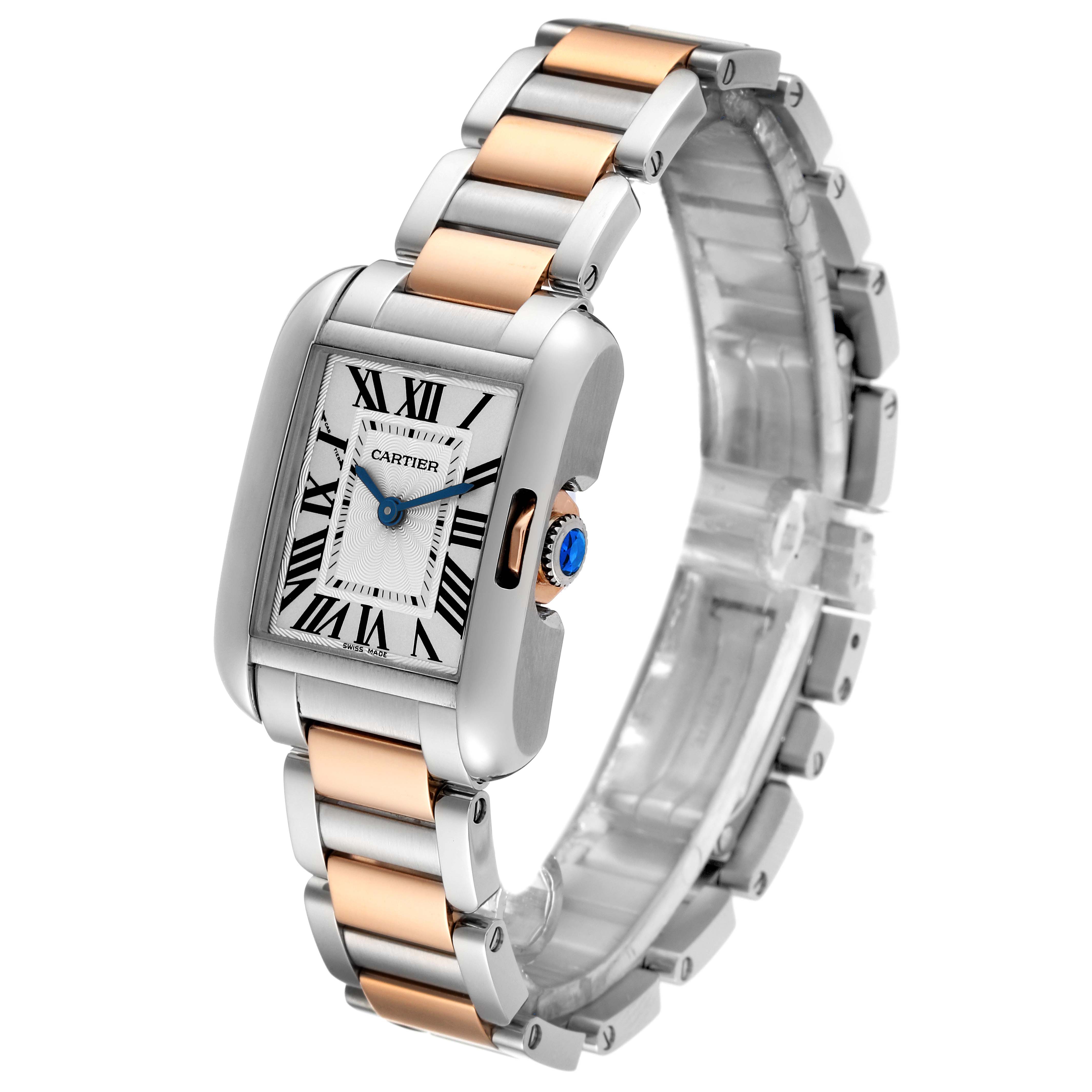 The image shows a Cartier Tank Anglaise W5310036 Women's Steel and Gold (two tone) Silver Dial W5310036 Women's Steel and Gold (two tone) Silver Dial watch from an angled side view, highlighting its face, bezel, and two-tone metal bracelet.