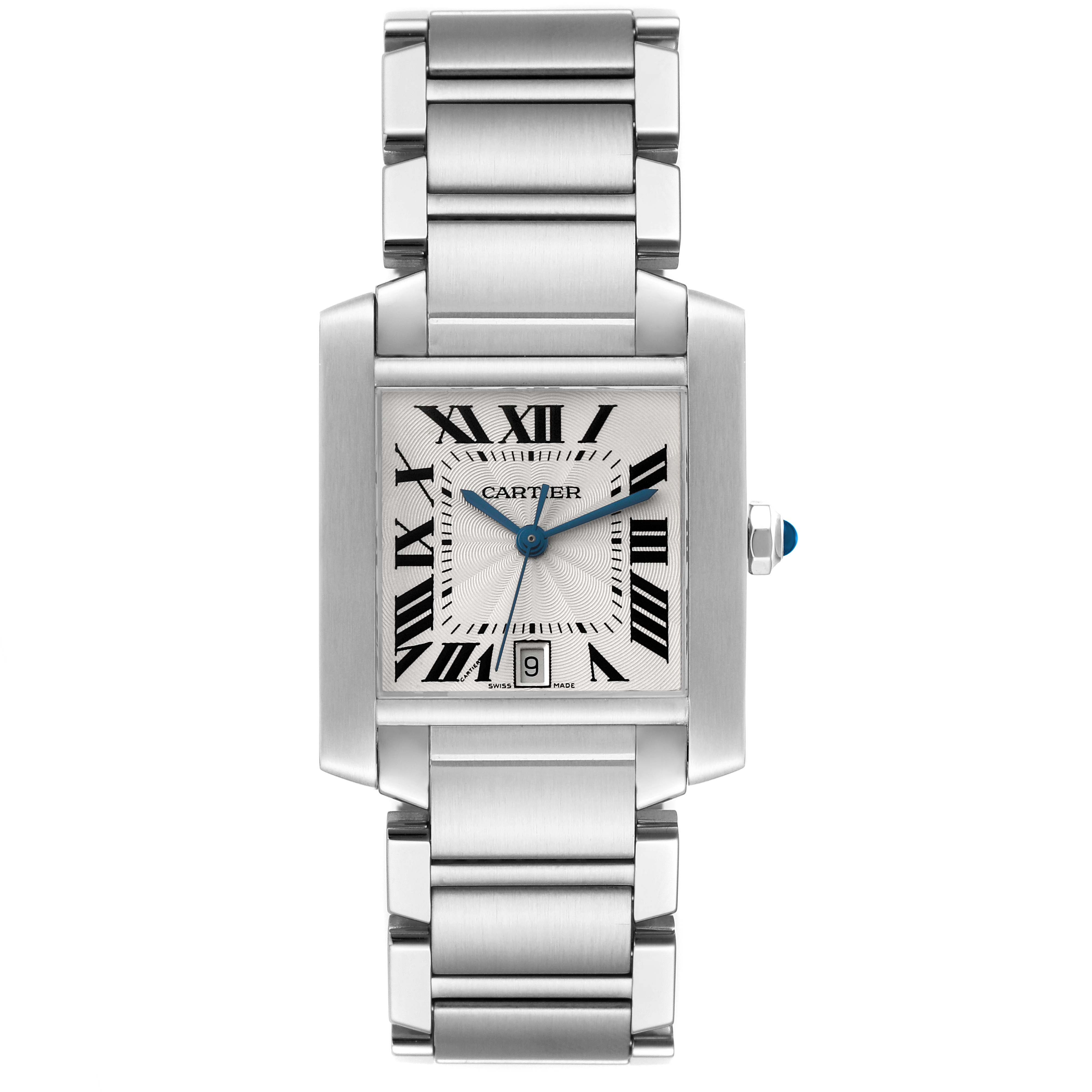 The image shows a frontal view of the Cartier Tank Francaise W51002Q3 Men
s Stainless Steel Silver Dial W51002Q3 Men
s Stainless Steel Silver Dial watch, highlighting its face, dial, and metal bracelet.