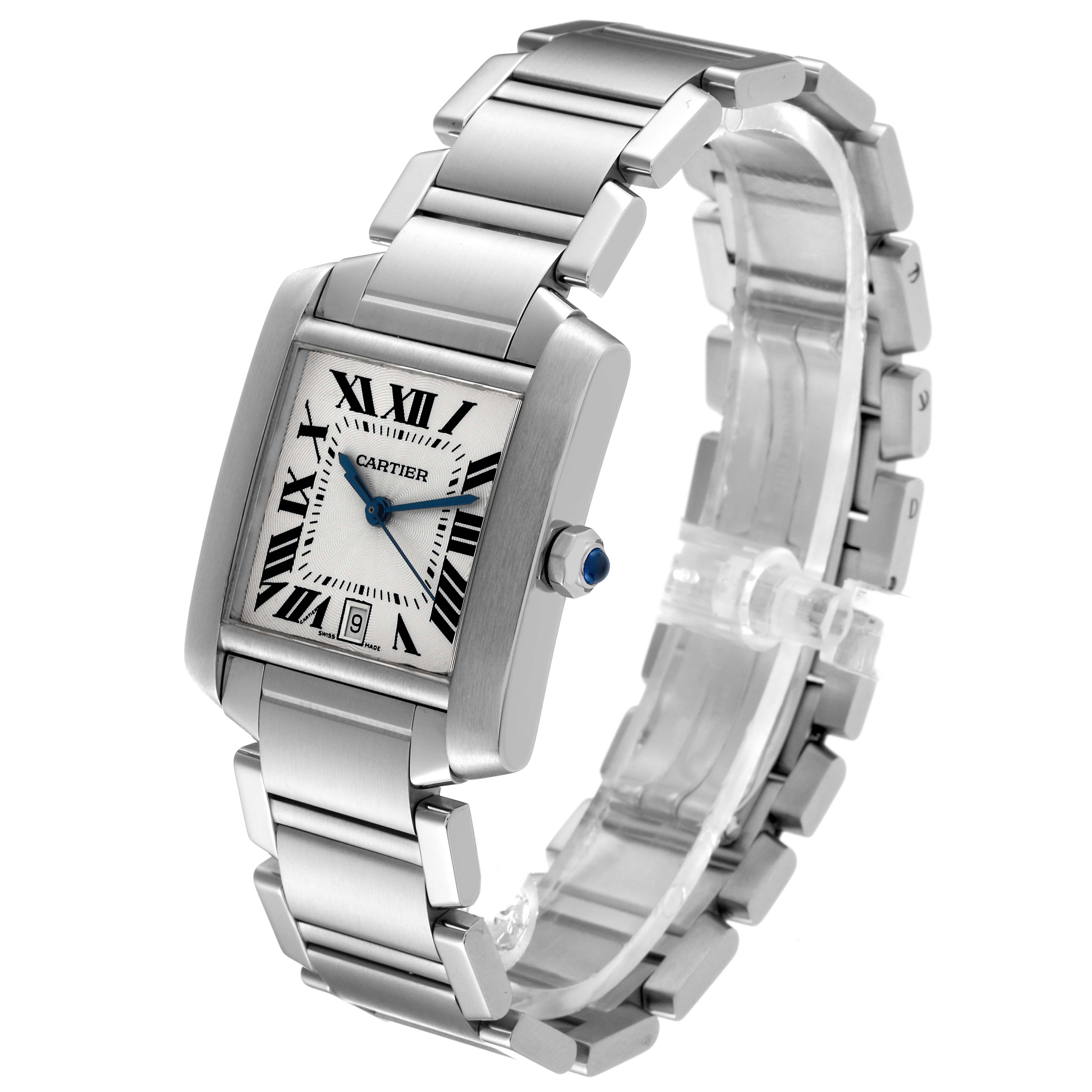 The image shows a Cartier Tank Francaise W51002Q3 Men
s Stainless Steel Silver Dial W51002Q3 Men
s Stainless Steel Silver Dial watch at a three-quarter angle, highlighting the dial, bracelet, and crown.