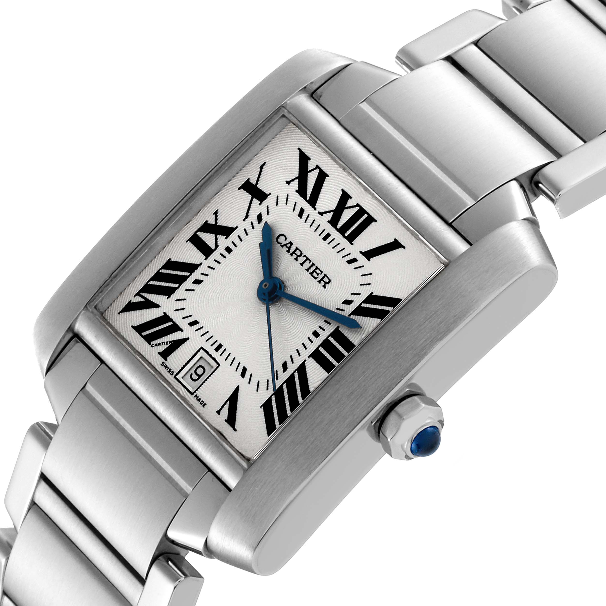 This Cartier Tank Française watch image shows a close-up angle highlighting its face, bracelet, and side crown with a blue gem.