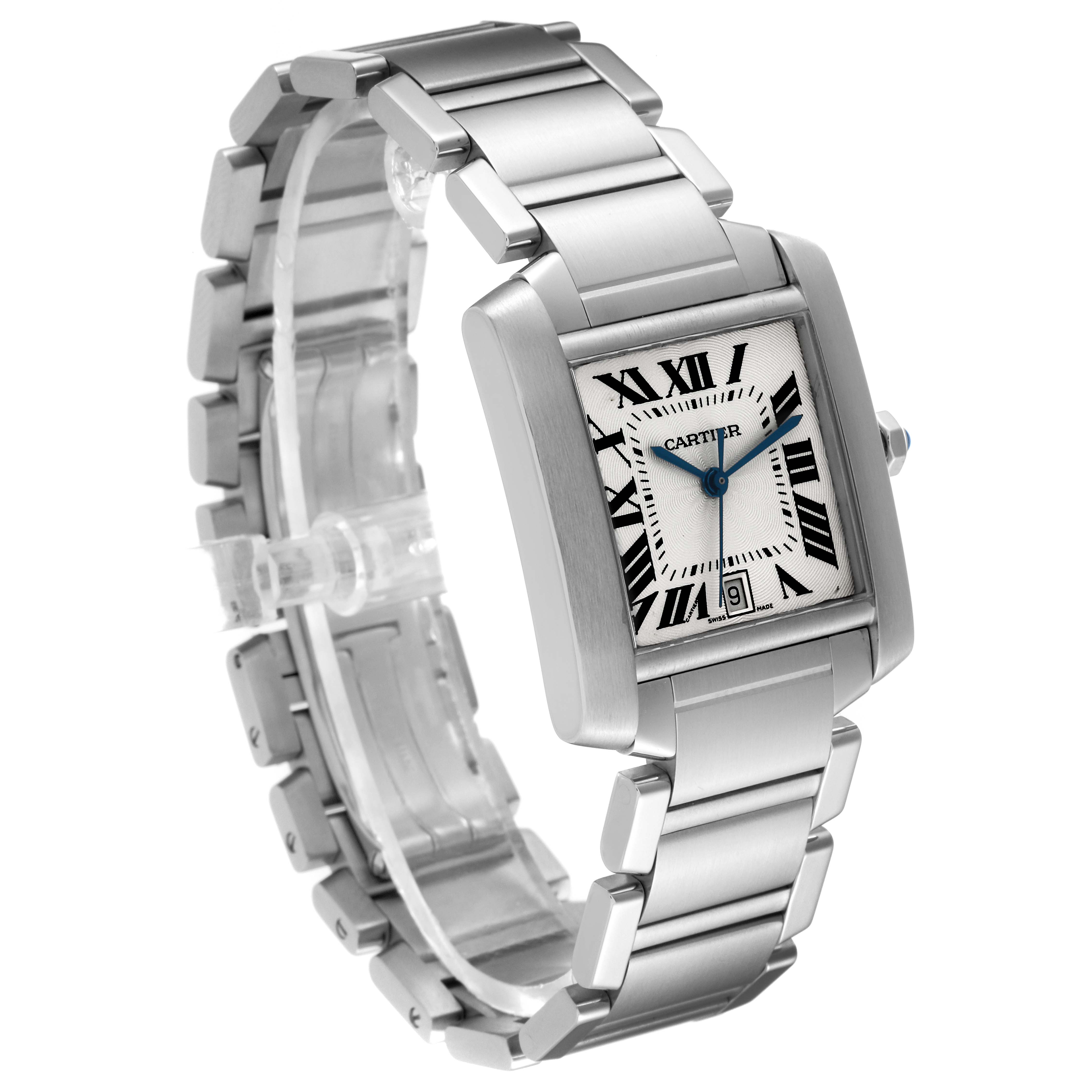 The Cartier Tank Francaise W51002Q3 Men
s Stainless Steel Silver Dial W51002Q3 Men
s Stainless Steel Silver Dial watch is shown at an angle, displaying its rectangular face, bracelet strap, and crown.