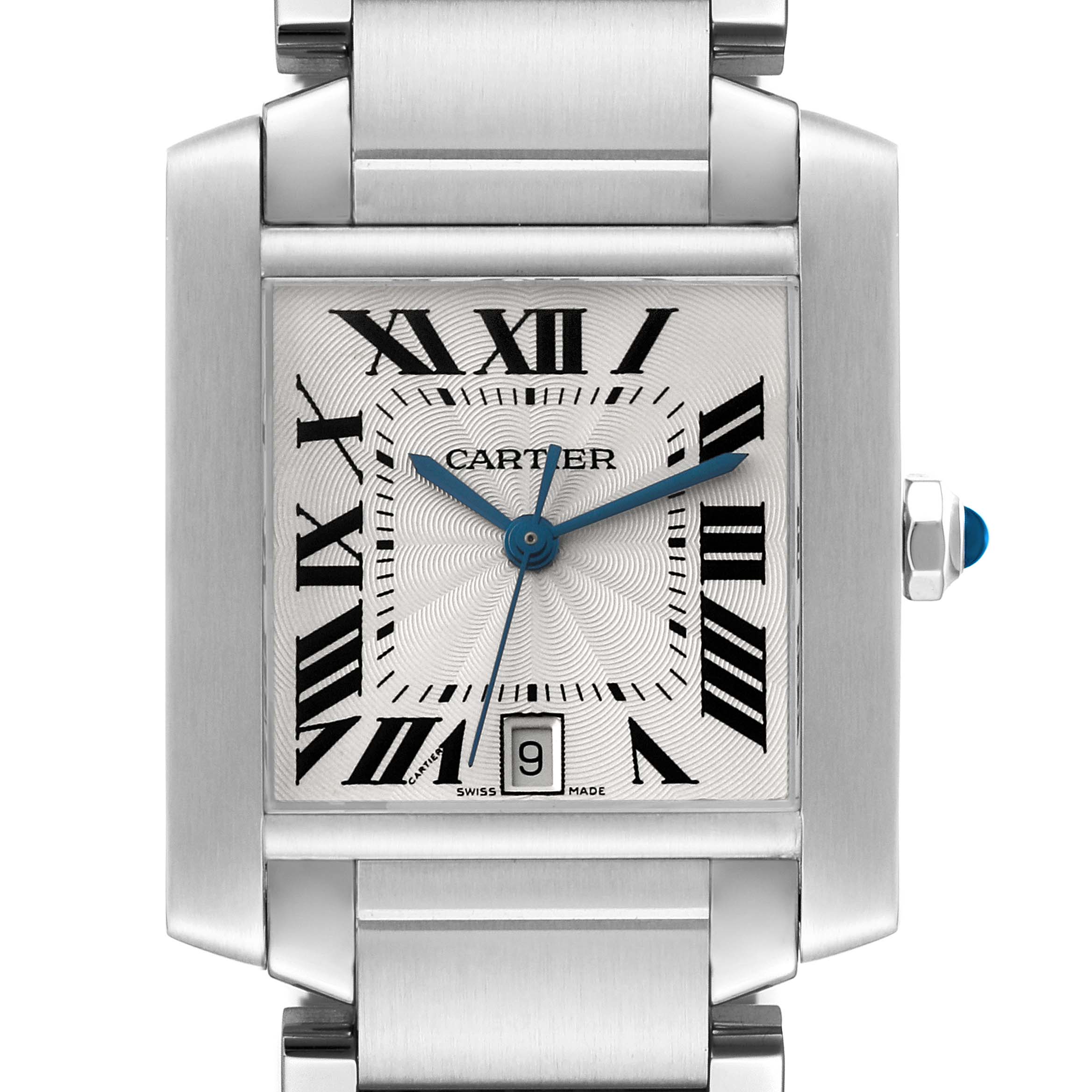 This image shows a front view of a Cartier Tank Française watch, highlighting the dial, hands, crown, and part of the bracelet.