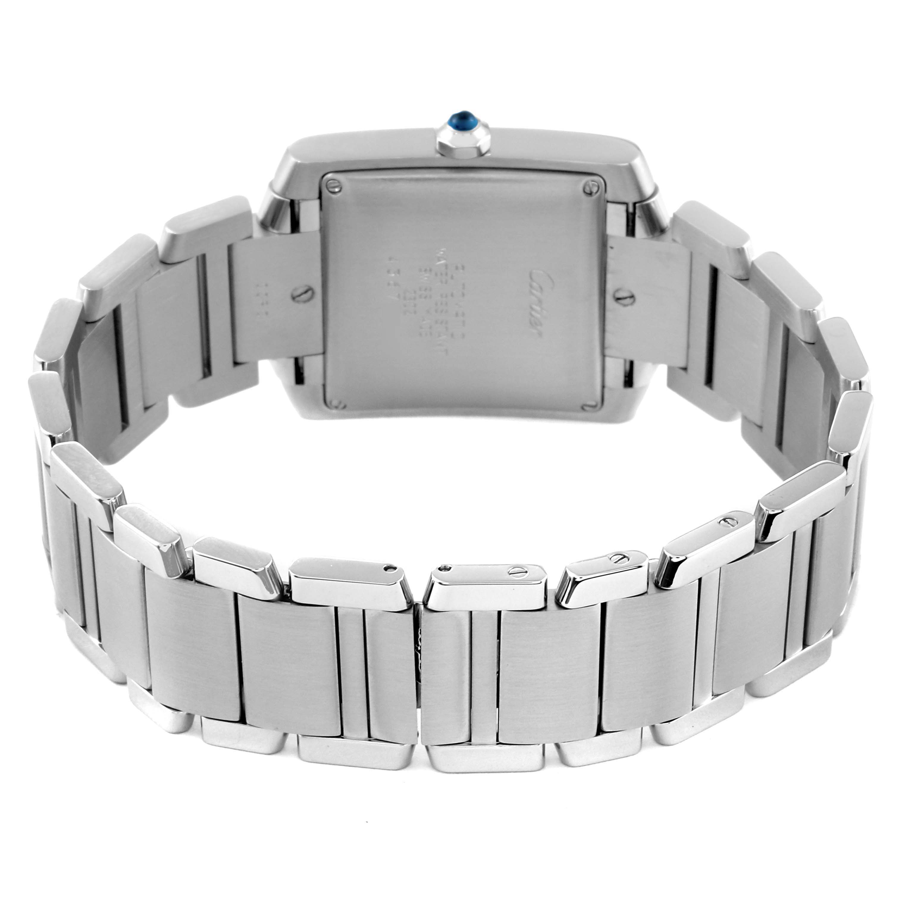 The image shows the back case and bracelet of a Cartier Tank Francaise W51002Q3 Men
s Stainless Steel Silver Dial W51002Q3 Men
s Stainless Steel Silver Dial watch from a rear angle.