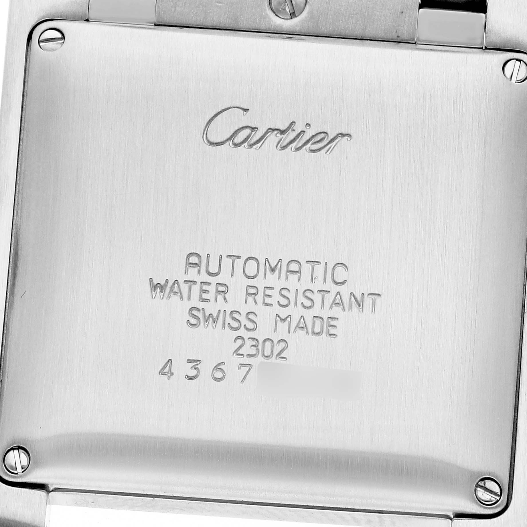 This image shows the back case of a Cartier Tank Francaise W51002Q3 Men
s Stainless Steel Silver Dial W51002Q3 Men
s Stainless Steel Silver Dial watch, engraved with specifications and serial number.
