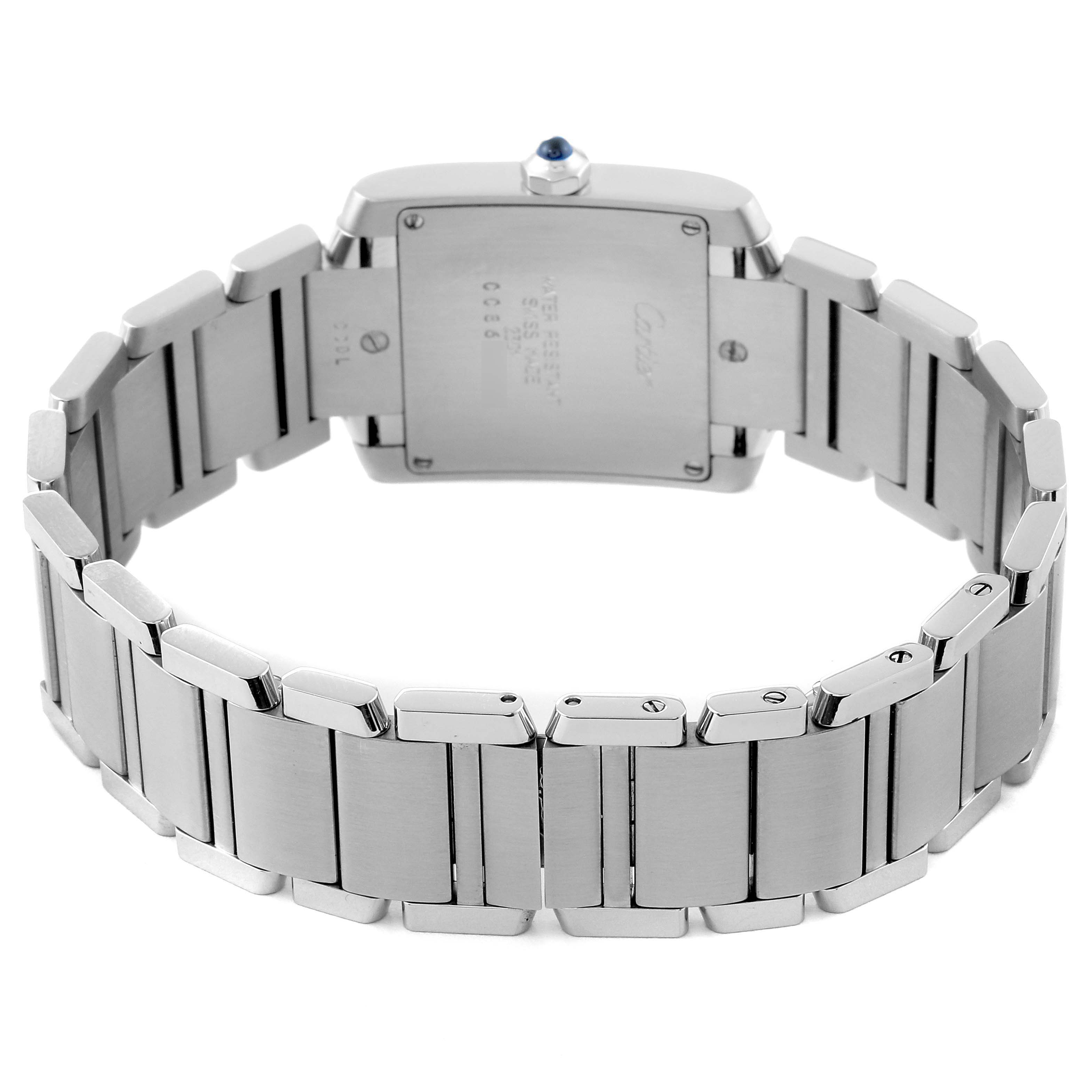 The image shows the back case and stainless steel bracelet of the Cartier Tank Francaise WSTA0005 Women
s Stainless Steel Silver Dial WSTA0005 Women
s Stainless Steel Silver Dial watch.