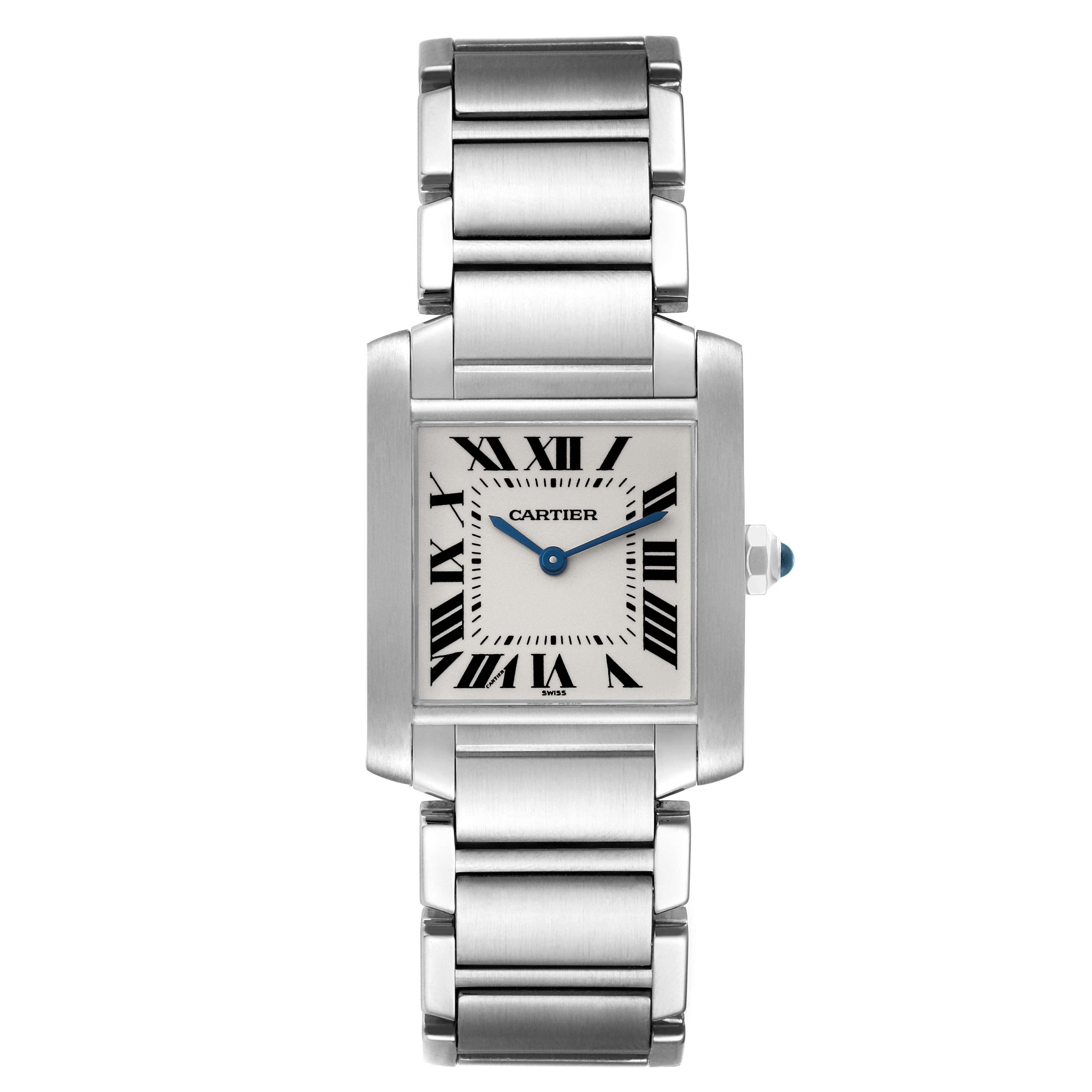 The image shows a Cartier Tank Francaise WSTA0005 Women
s Stainless Steel Silver Dial WSTA0005 Women
s Stainless Steel Silver Dial watch from a front angle, displaying the stainless steel band, dial with Roman numerals, and blue hands.