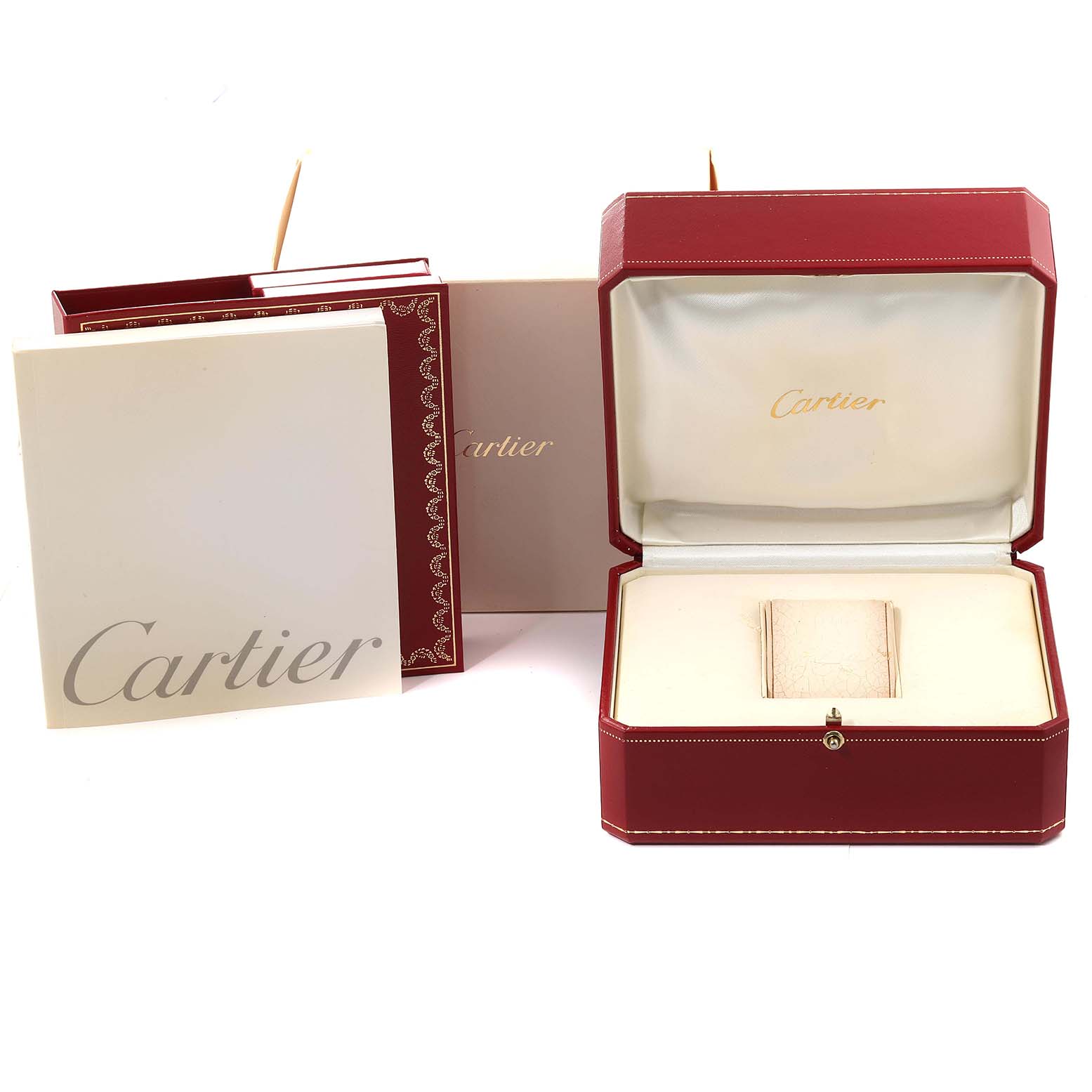 The image shows the packaging and box of a Cartier Tank Française watch, including the outer bag, booklet, and an open presentation case.