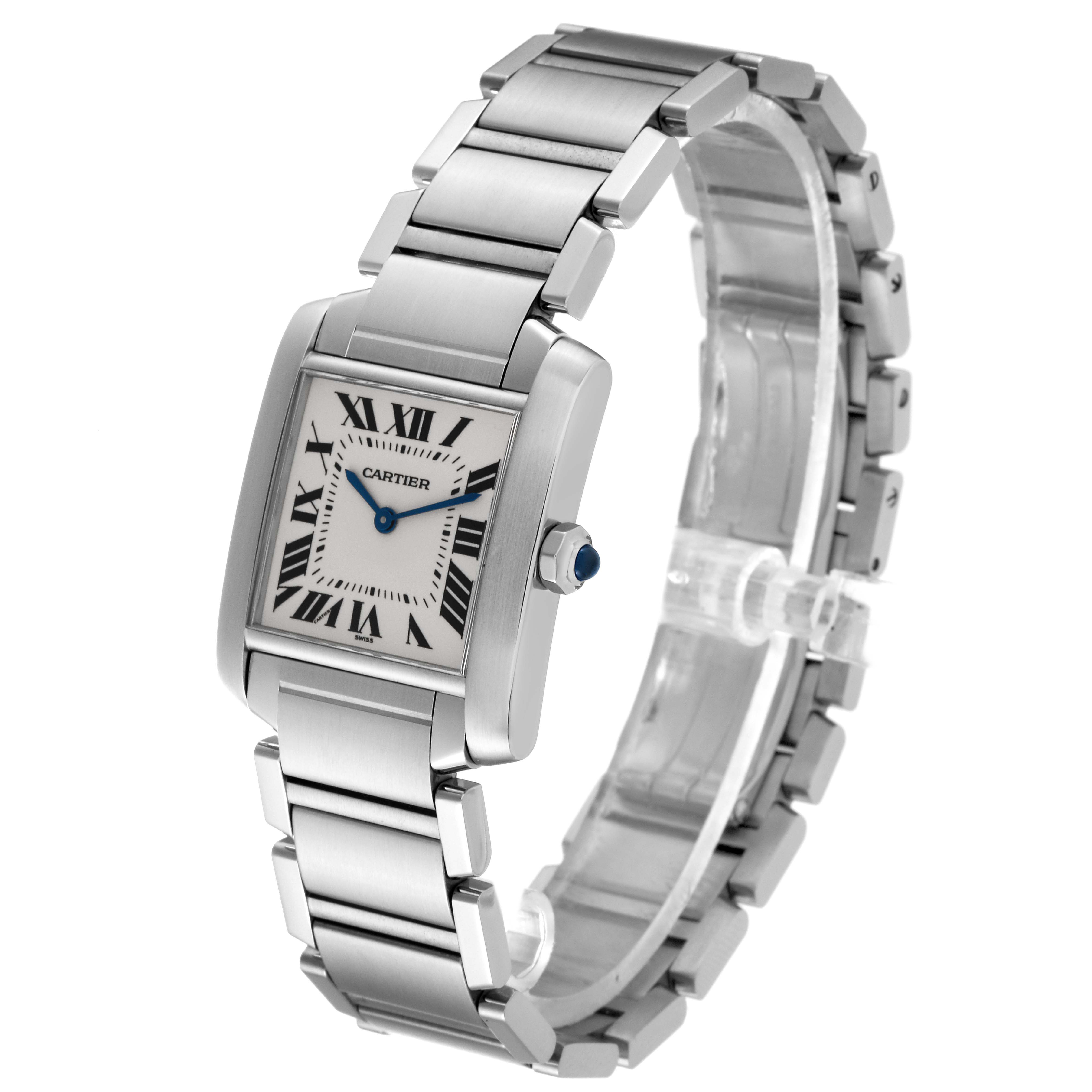 The Cartier Tank Française watch is angled to show the face, bezel, and bracelet prominently.