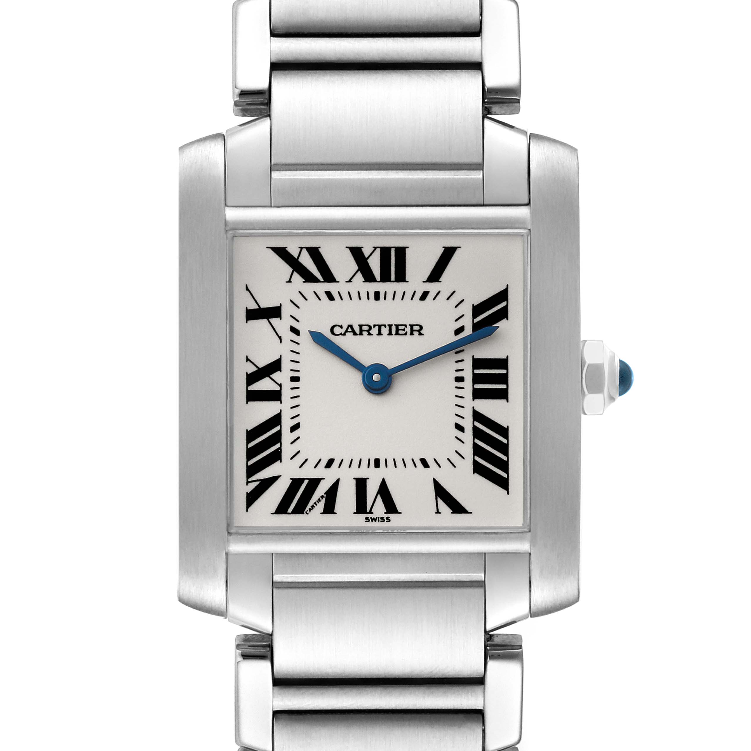 This image shows a straight-on view of a Cartier Tank Francaise WSTA0005 Women
s Stainless Steel Silver Dial WSTA0005 Women
s Stainless Steel Silver Dial watch, highlighting the face, Roman numerals, and metal bracelet.