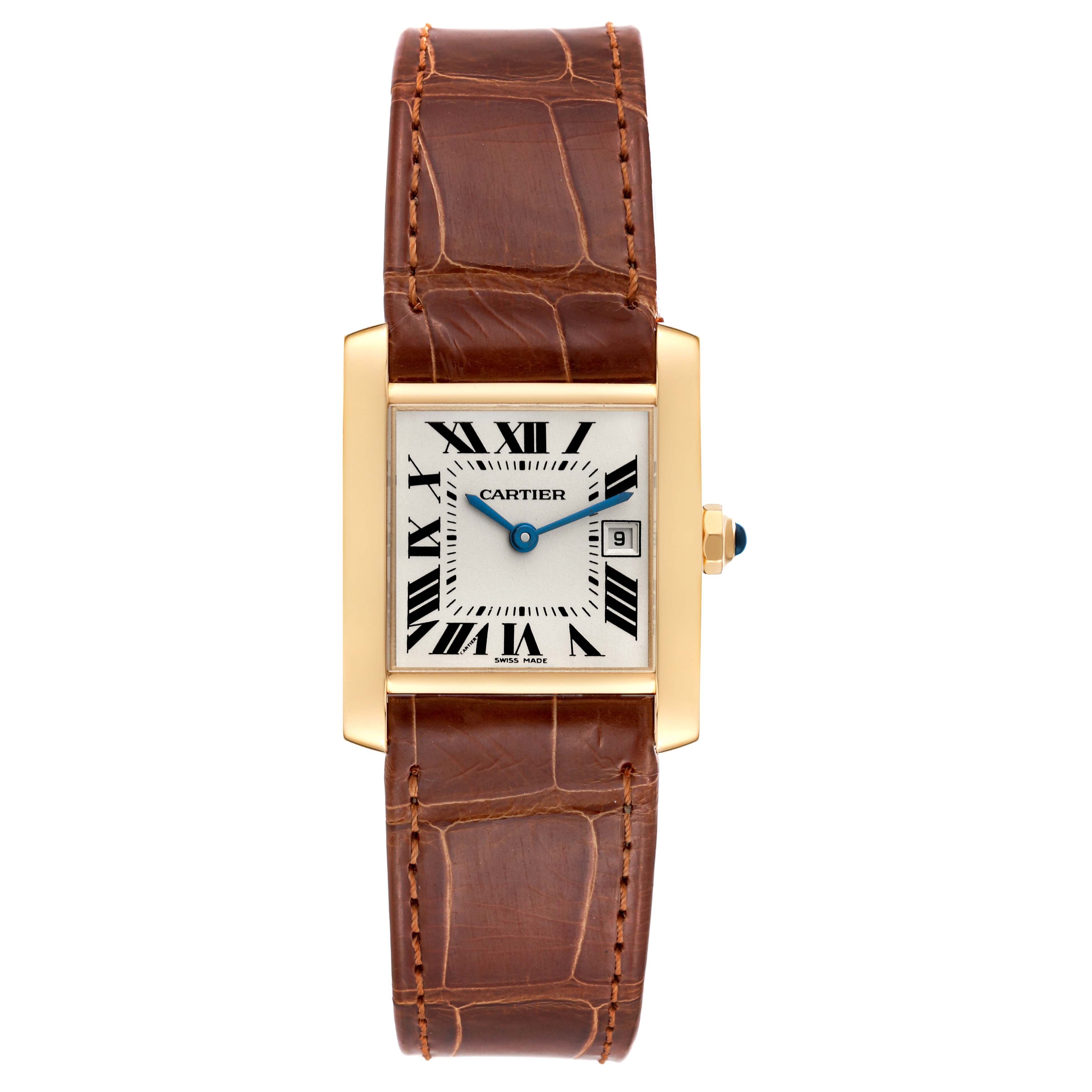 The image shows a front view of a Cartier Tank Francaise W5001456 Women's Yellow Gold Silver Dial W5001456 Women's Yellow Gold Silver Dial watch with a brown leather strap and a gold case.
