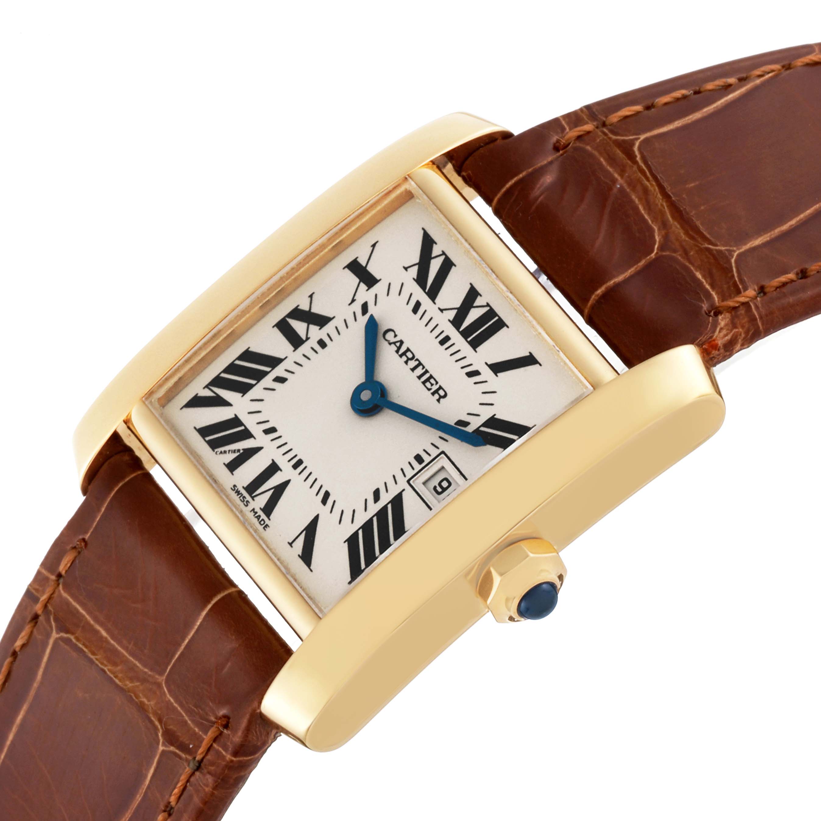 The Cartier Tank Francaise W5001456 Women's Yellow Gold Silver Dial W5001456 Women's Yellow Gold Silver Dial watch is shown from an angled top view, highlighting its rectangular face, gold casing, and brown leather strap.