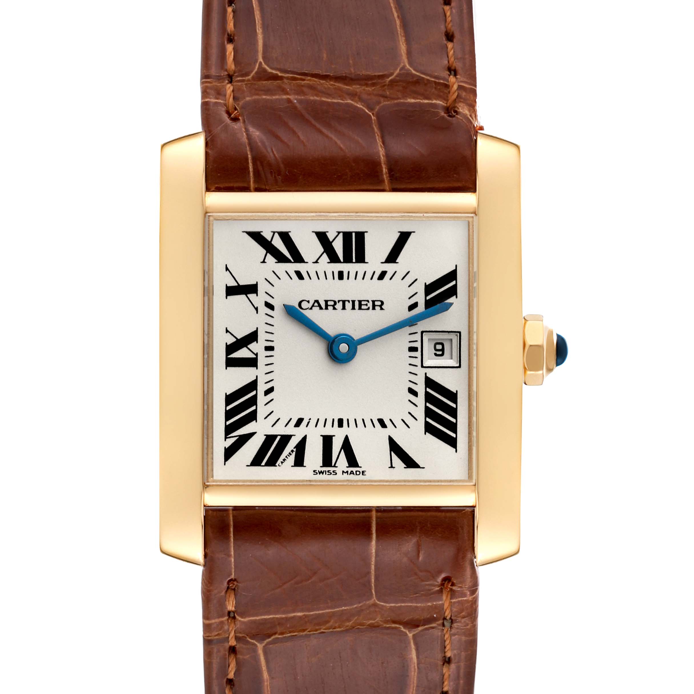 The image shows a front view of the Cartier Tank Francaise W5001456 Women's Yellow Gold Silver Dial W5001456 Women's Yellow Gold Silver Dial watch displaying its dial, bezel, crown, and brown leather strap.