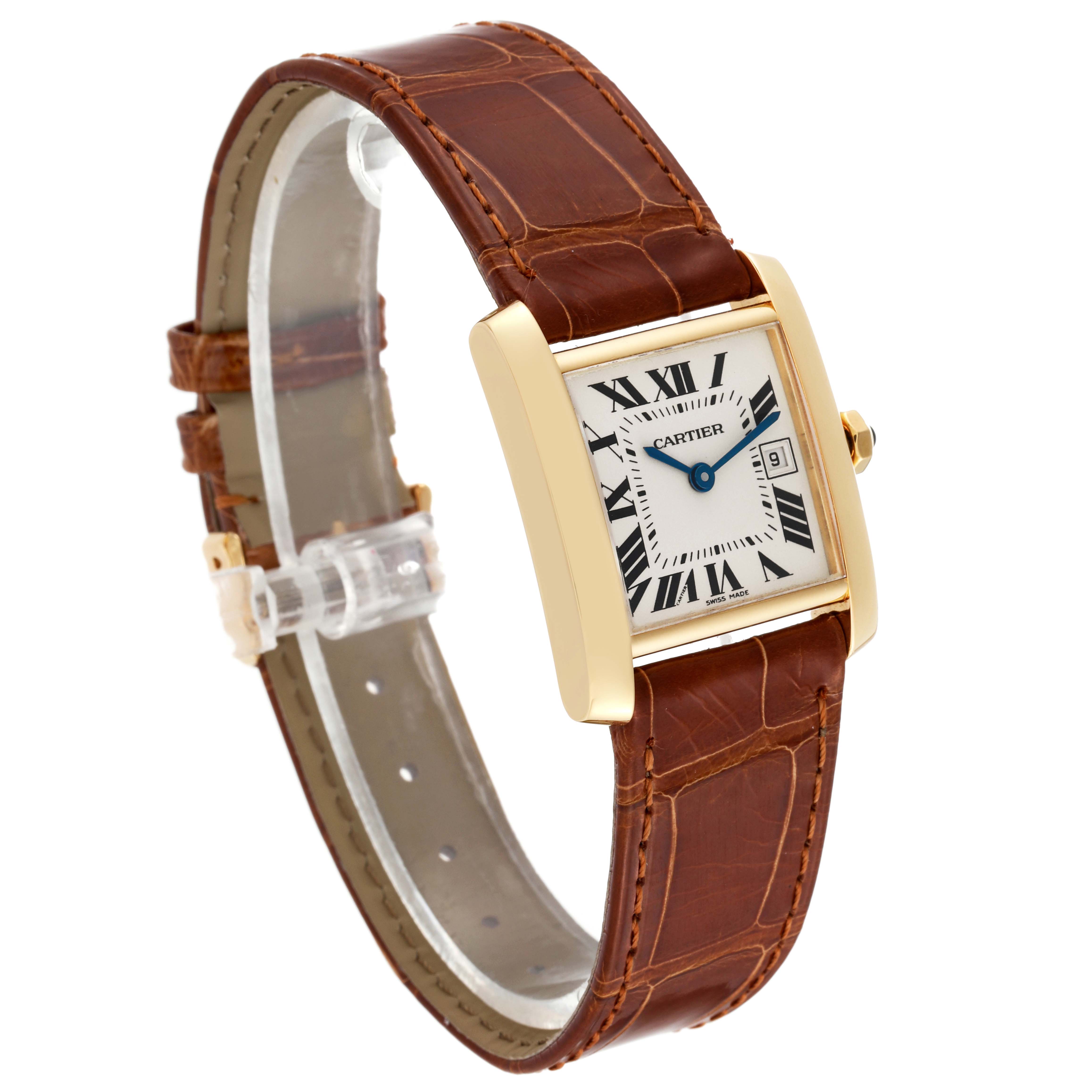 The image shows a Cartier Tank Francaise W5001456 Women's Yellow Gold Silver Dial W5001456 Women's Yellow Gold Silver Dial watch angled to display the face, leather strap, and side view.
