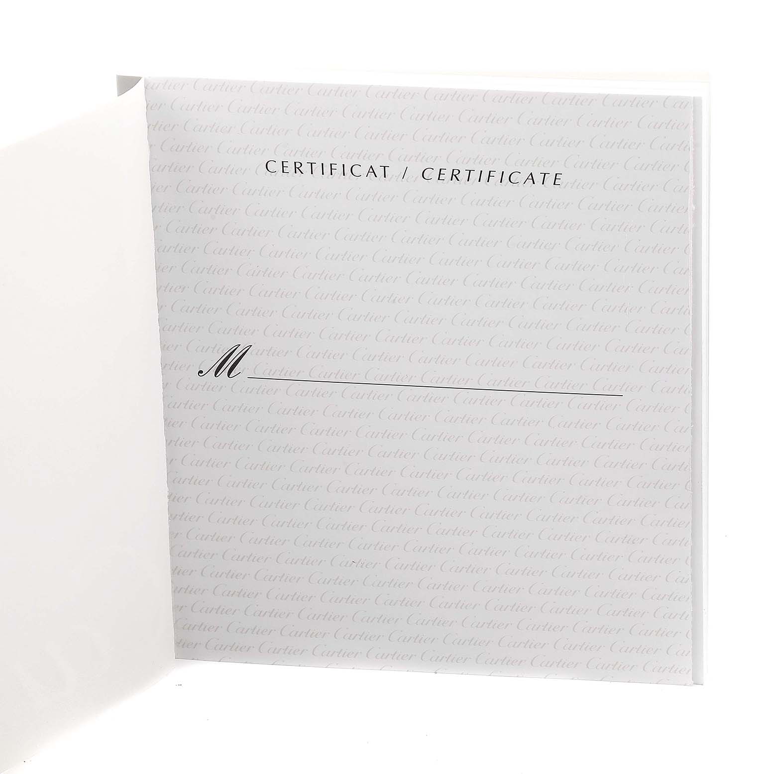 The image shows the certificate for a Cartier Tank Francaise 2403 Women's White Gold Blue Dial 2403 Women's White Gold Blue Dial watch, with the brand name printed repeatedly in the background.