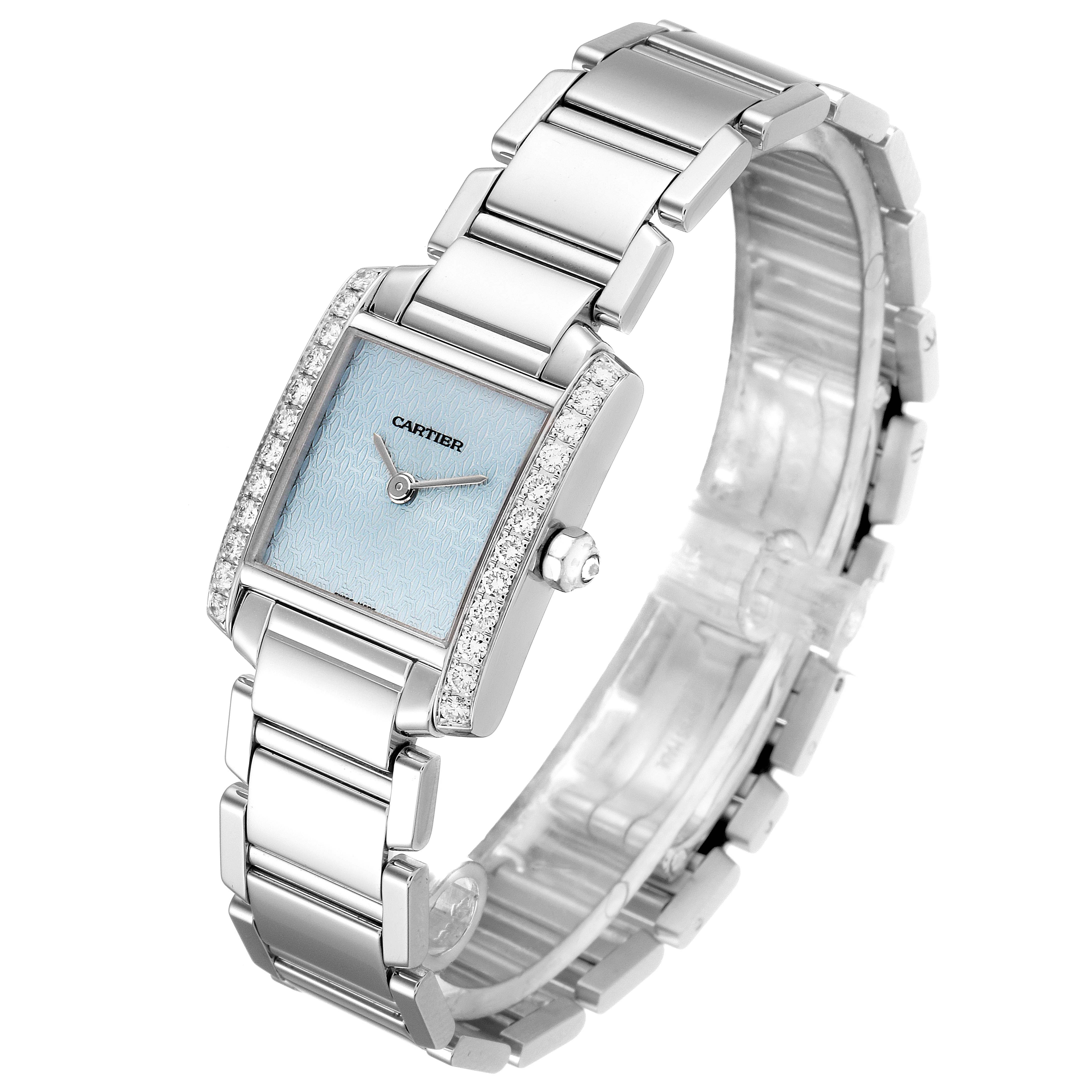 The image shows a Cartier Tank Francaise 2403 Women's White Gold Blue Dial 2403 Women's White Gold Blue Dial watch from a front angle, displaying its face, bezel, and bracelet.