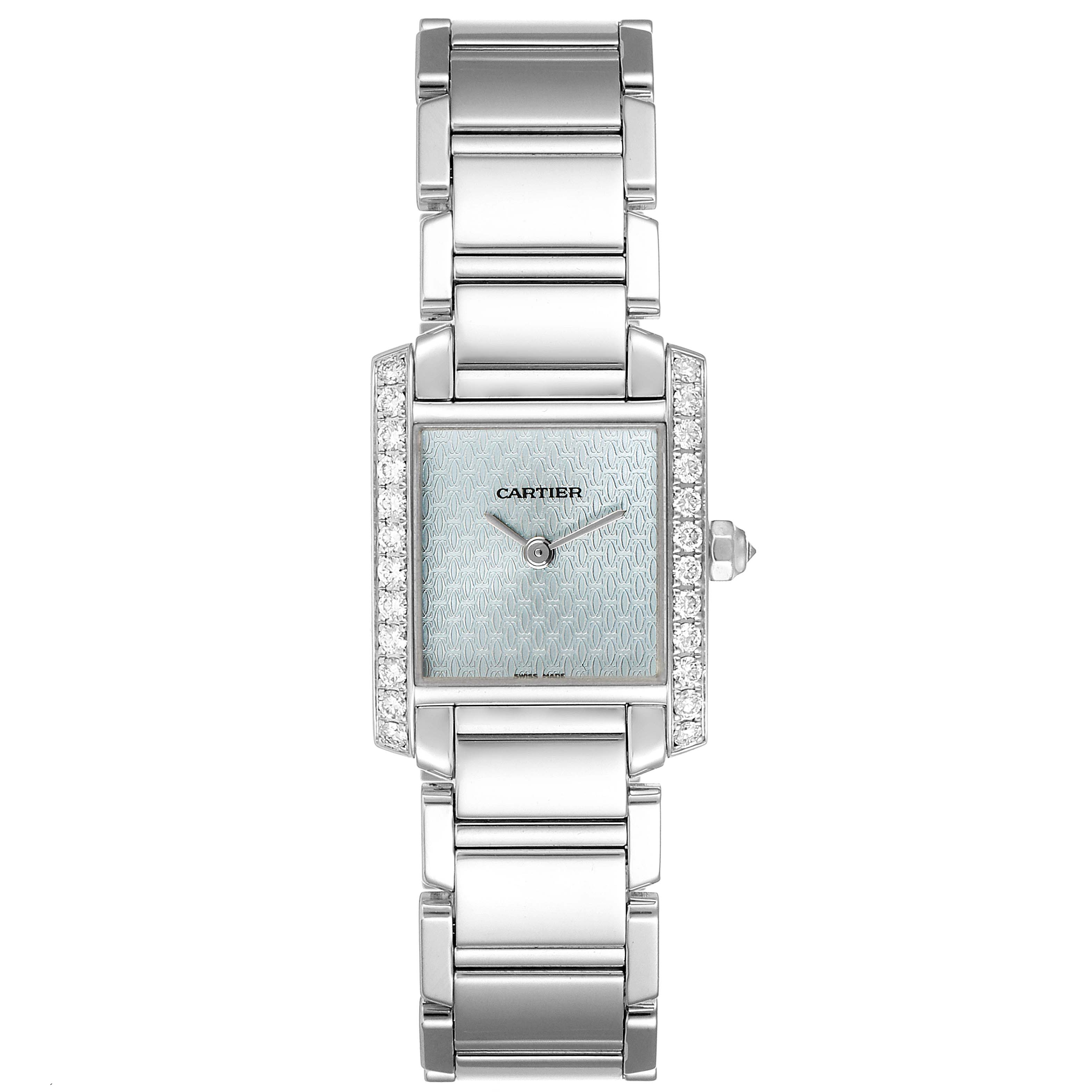 The Cartier Tank Francaise 2403 Women's White Gold Blue Dial 2403 Women's White Gold Blue Dial watch is shown in a frontal view, highlighting its face, bezel, and bracelet.