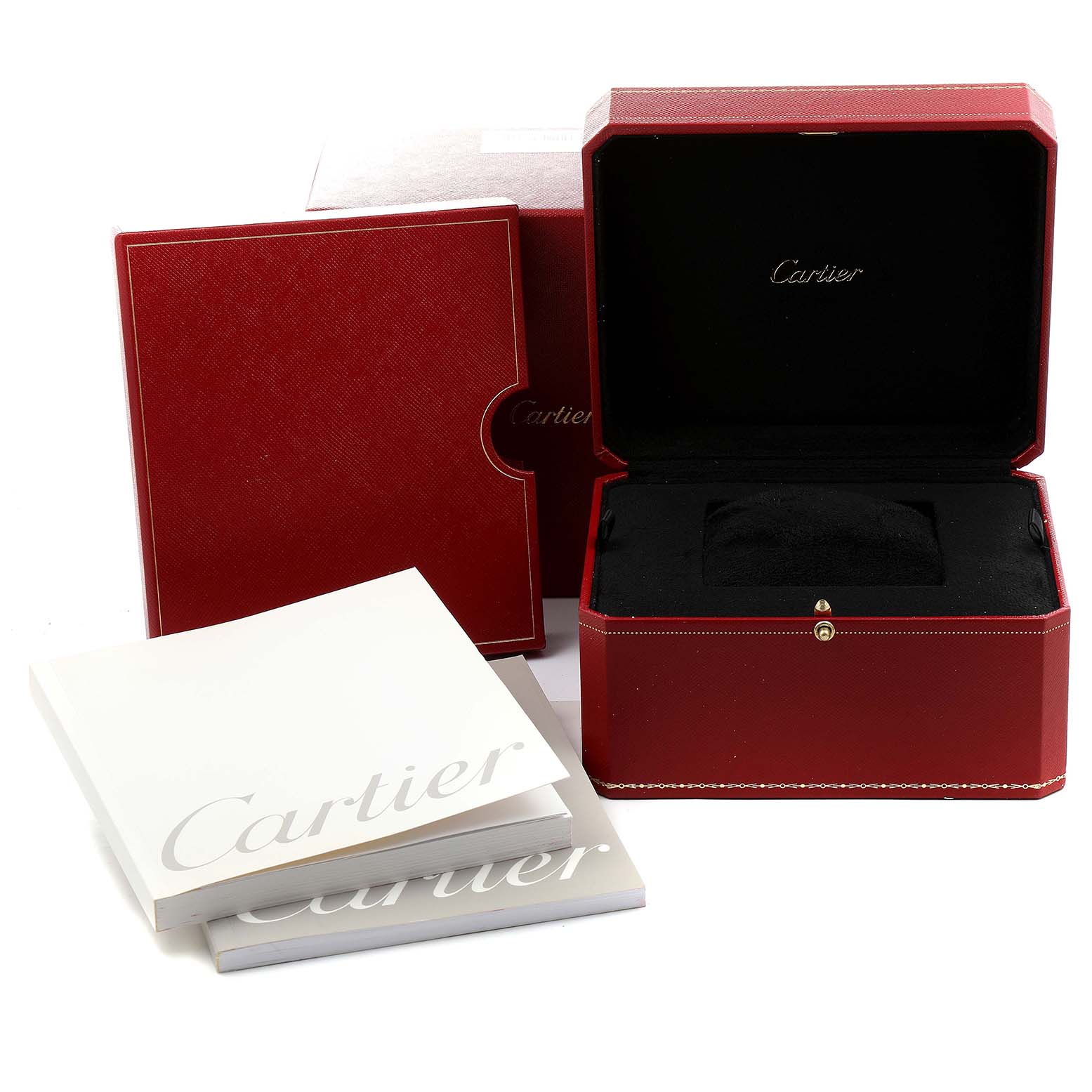 The image shows the open box, outer packaging, and booklets for a Cartier Tank Francaise 2403 Women's White Gold Blue Dial 2403 Women's White Gold Blue Dial watch.
