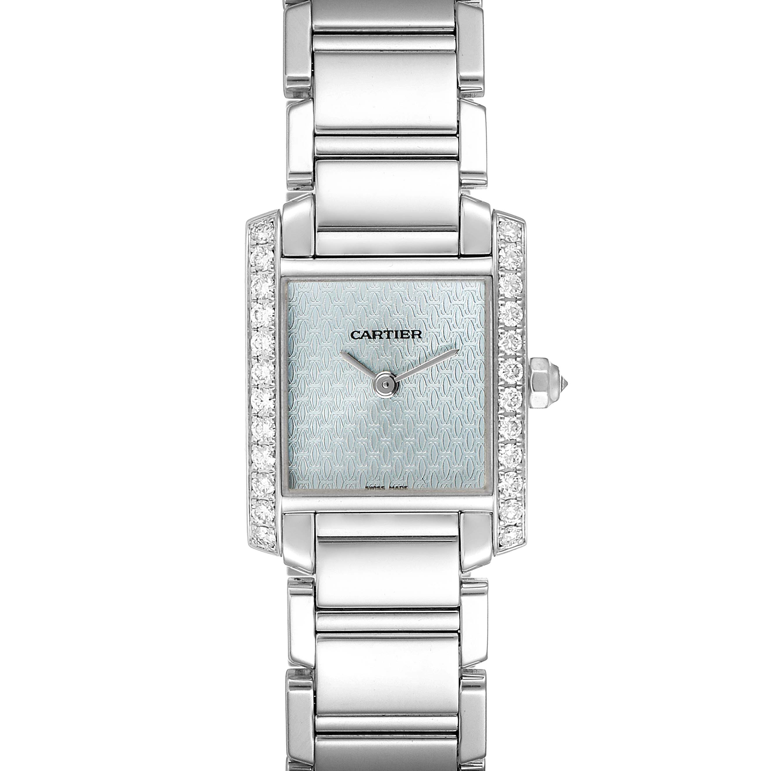 The Cartier Tank Francaise 2403 Women's White Gold Blue Dial 2403 Women's White Gold Blue Dial watch is shown from a front angle, displaying its rectangular face, bracelet, and diamond accents.