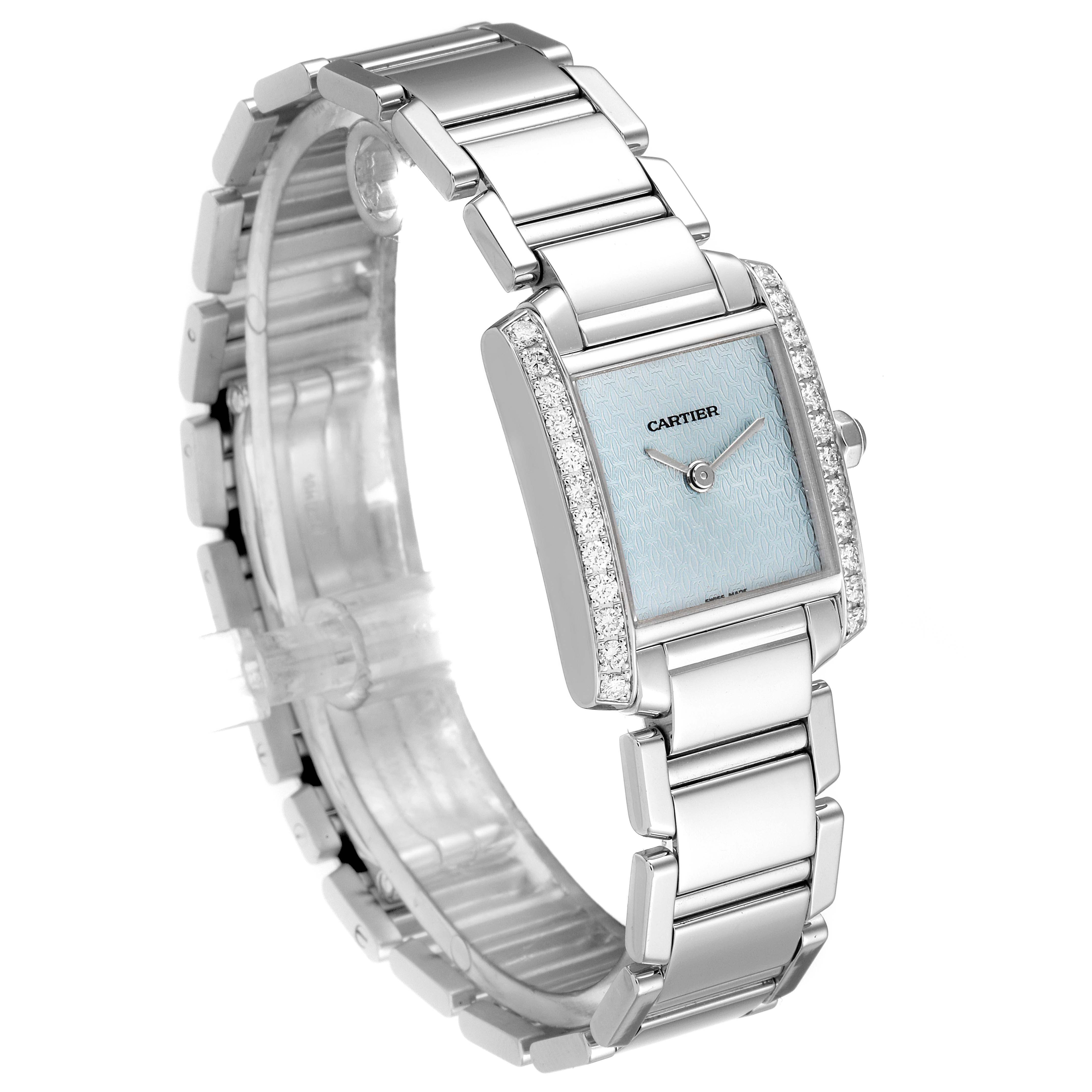 The Cartier Tank Francaise 2403 Women's White Gold Blue Dial 2403 Women's White Gold Blue Dial watch is shown at a three-quarter angle, highlighting the bracelet, case, and dial with diamond accents.
