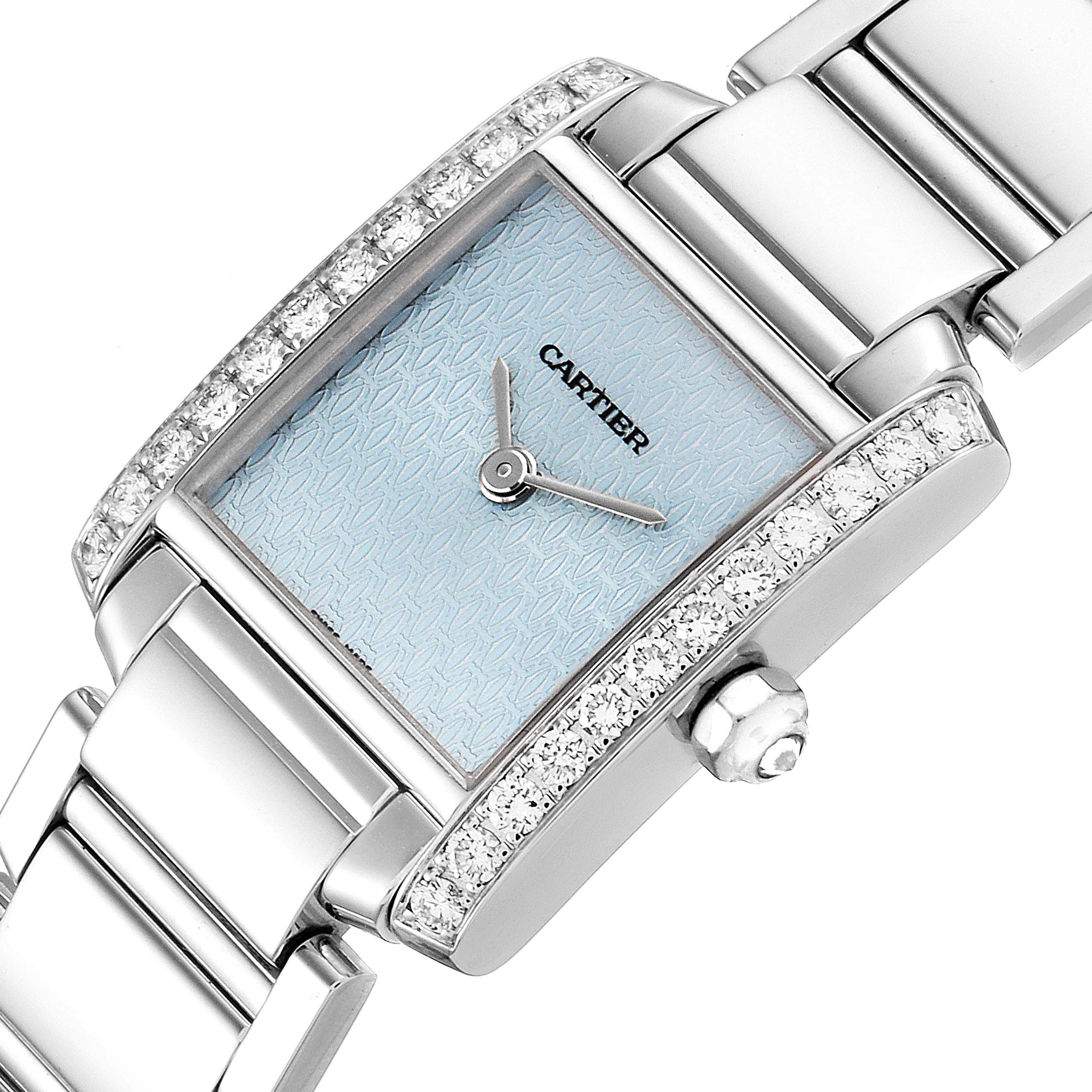 The image shows a close-up angle of a Cartier Tank Francaise 2403 Women's White Gold Blue Dial 2403 Women's White Gold Blue Dial watch highlighting its face, bezel, and part of the bracelet.
