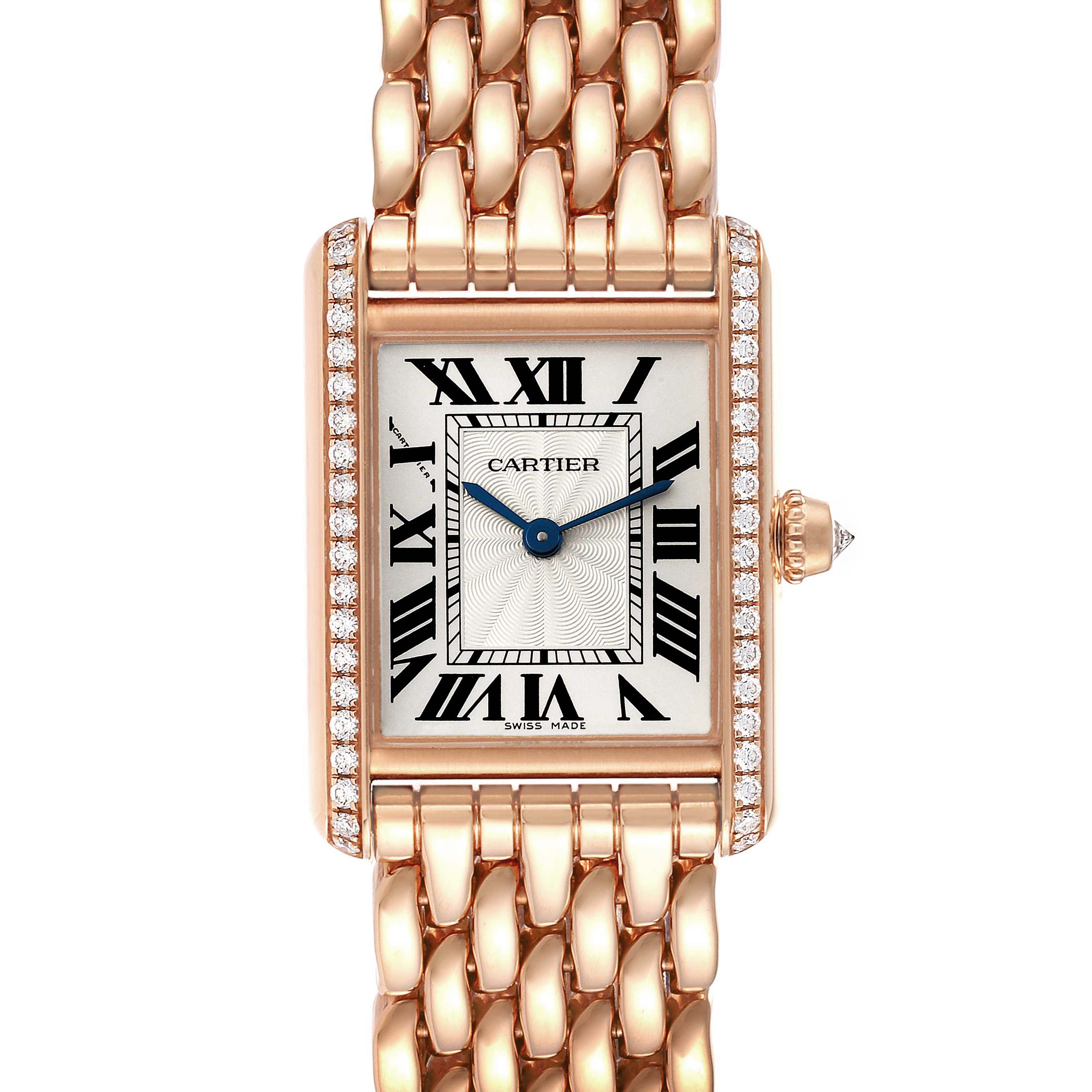 This image shows a front view of the Cartier Tank Louis WJTA0020 Women's Rose Gold Silver Dial WJTA0020 Women's Rose Gold Silver Dial watch, displaying its face, strap, and crown.