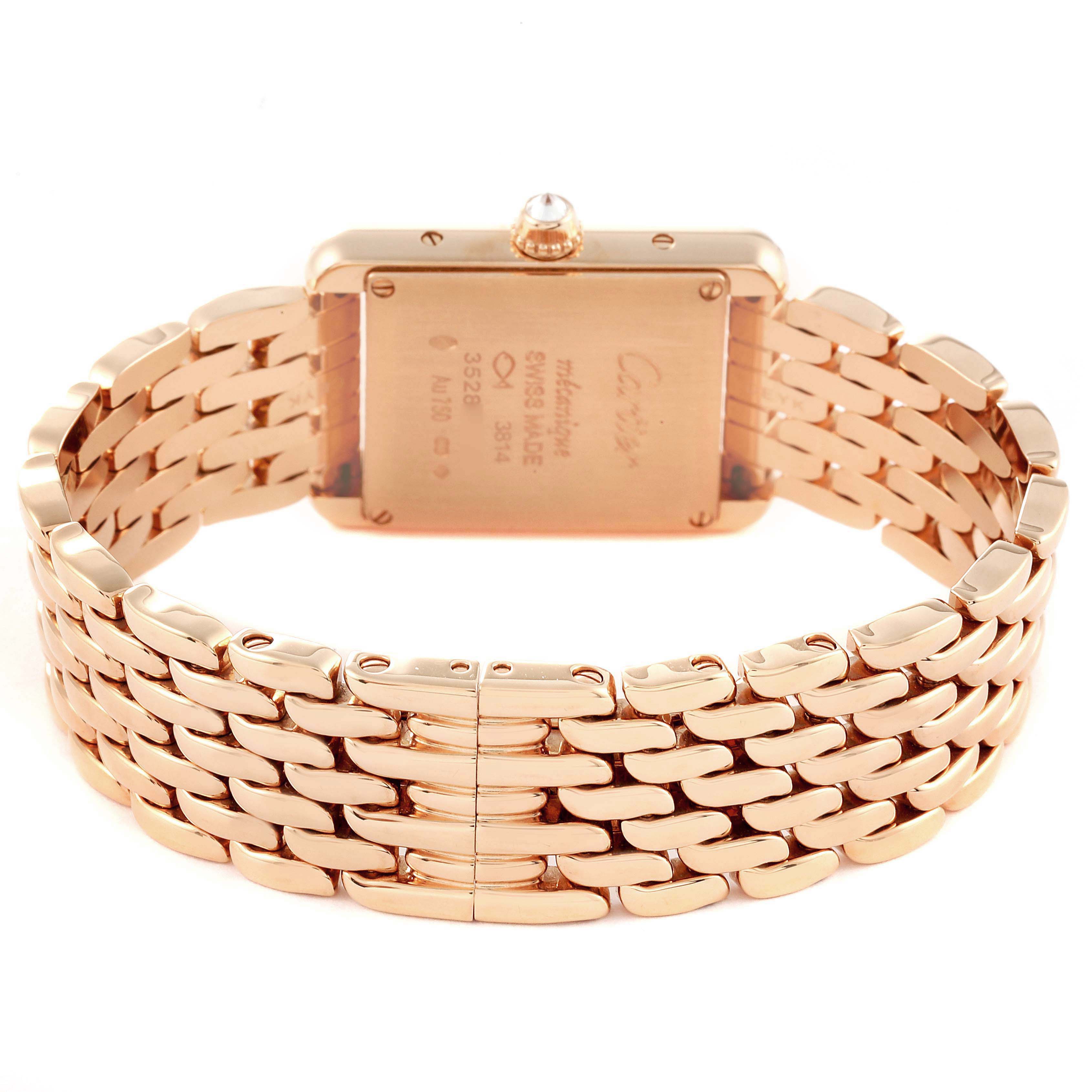 The image shows the back view of a Cartier Tank Louis WJTA0020 Women's Rose Gold Silver Dial WJTA0020 Women's Rose Gold Silver Dial watch, highlighting its case back and metal bracelet.