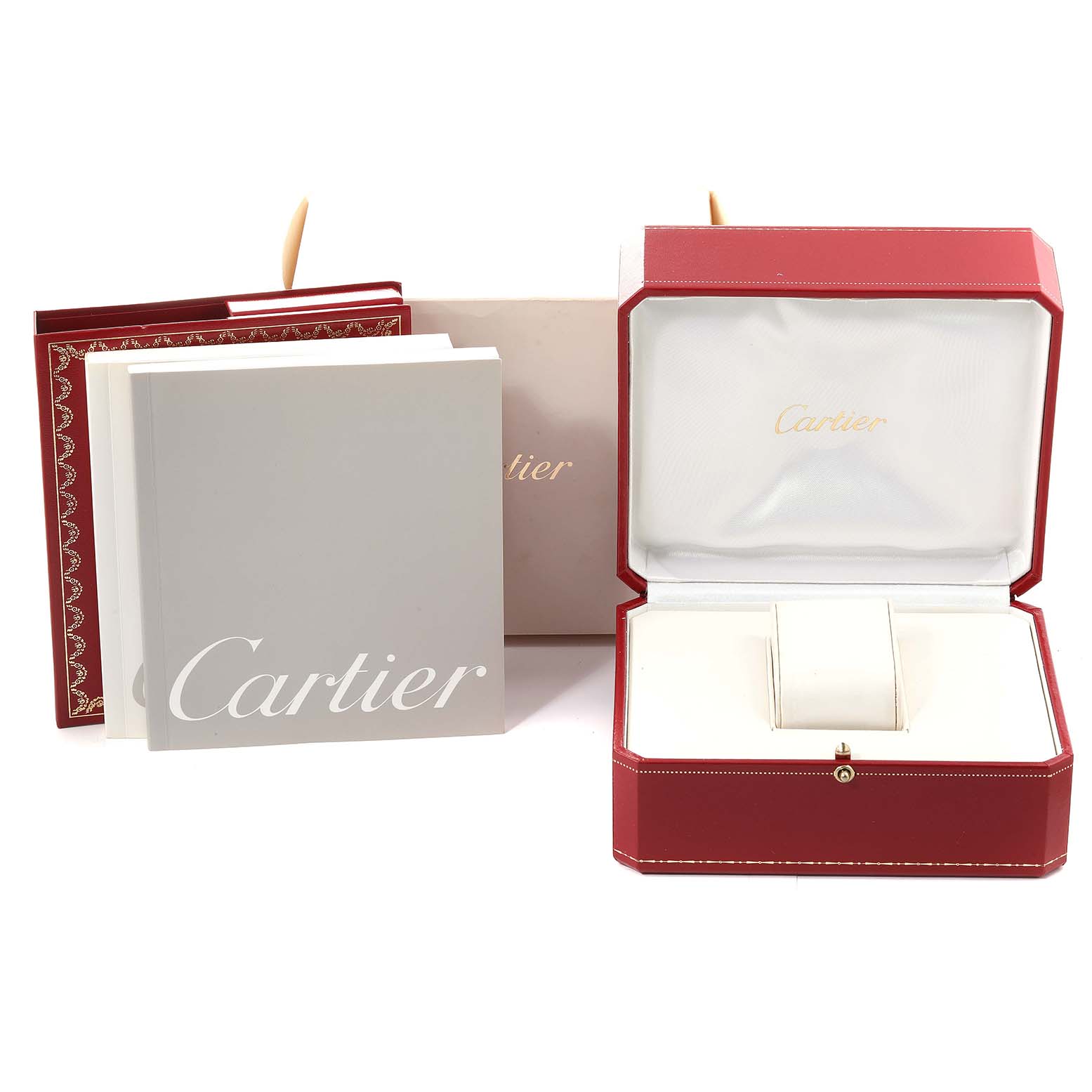 The image shows the packaging and accessories for the Cartier Tank Louis WJTA0020 Women's Rose Gold Silver Dial WJTA0020 Women's Rose Gold Silver Dial watch, including a red box, instruction booklet, and outer packaging.