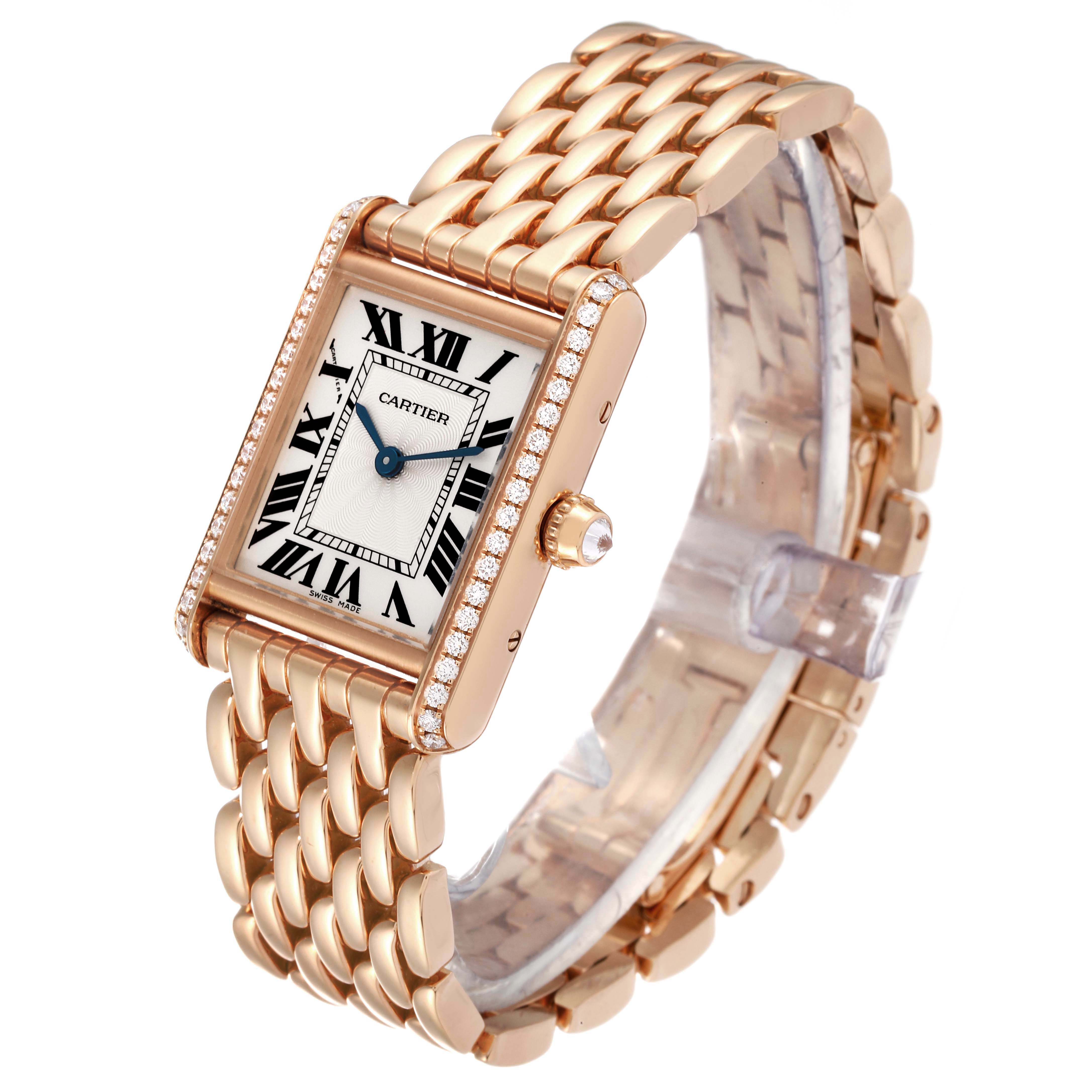 The image shows a Cartier Tank Louis WJTA0020 Women's Rose Gold Silver Dial WJTA0020 Women's Rose Gold Silver Dial watch at a three-quarter angle, highlighting its rectangular face, Roman numerals, and gold bracelet.