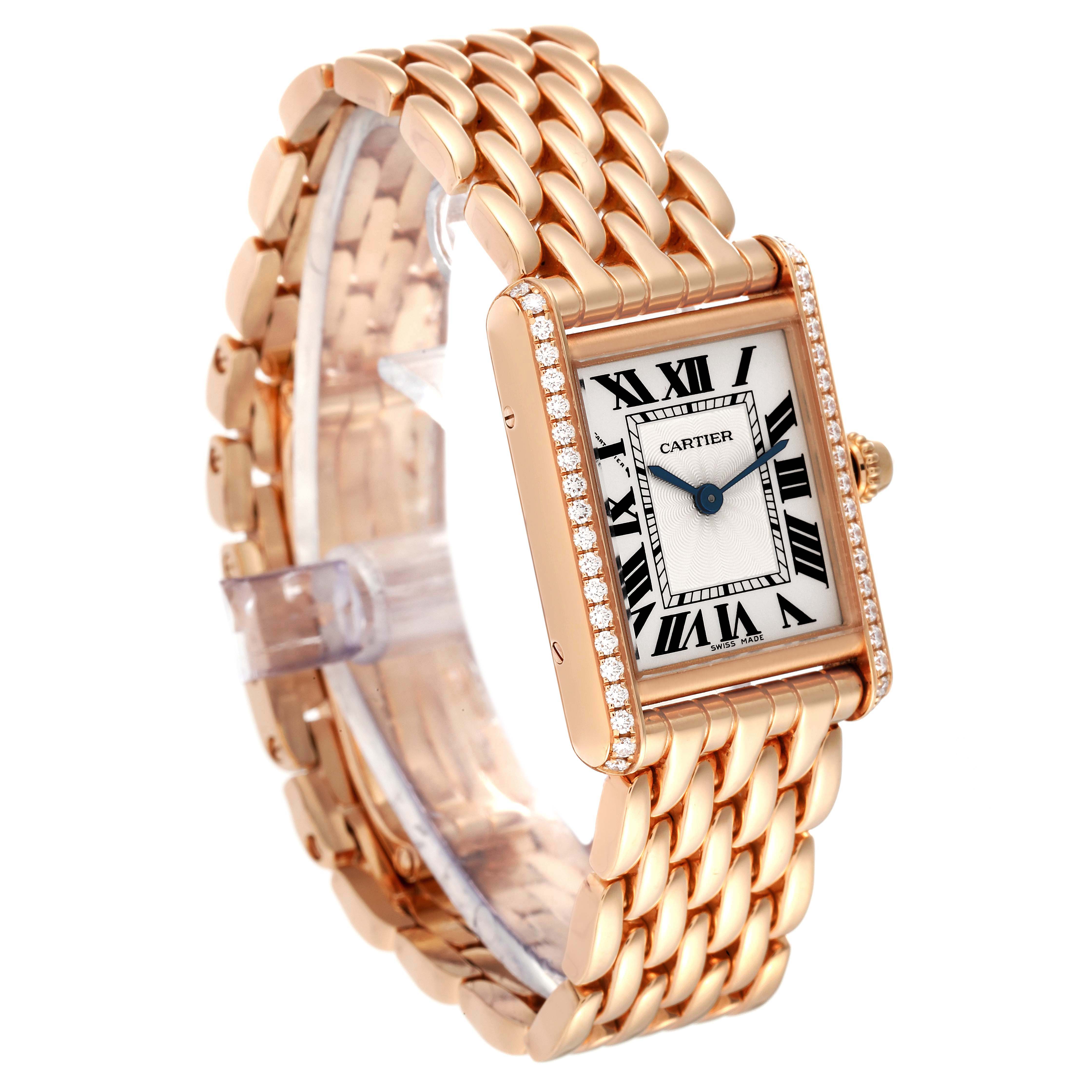 The Cartier Tank Louis WJTA0020 Women's Rose Gold Silver Dial WJTA0020 Women's Rose Gold Silver Dial watch is shown at an angle, highlighting the rose gold case, diamond bezel, and linked bracelet.