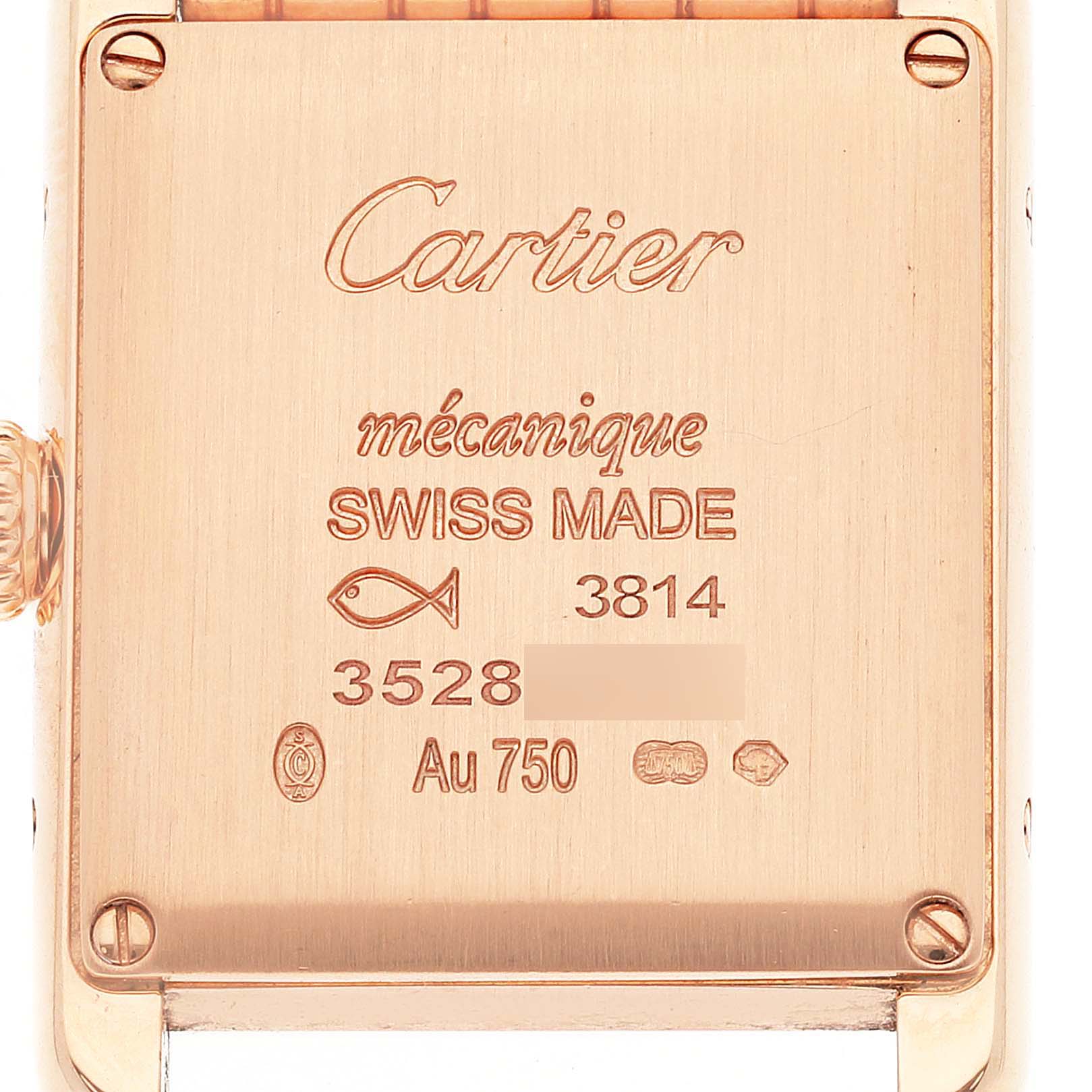 This image shows the back case of a Cartier Tank Louis WJTA0020 Women's Rose Gold Silver Dial WJTA0020 Women's Rose Gold Silver Dial watch, displaying engraved details and markings.
