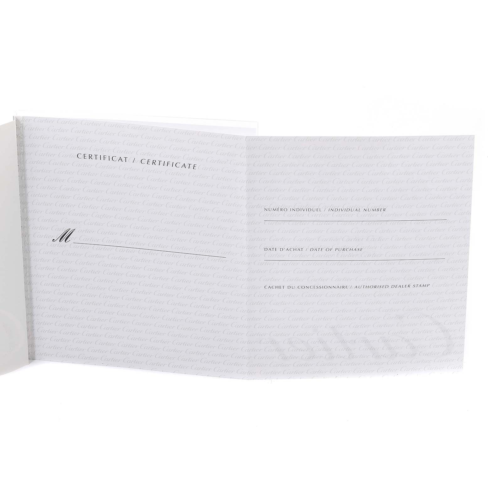 This image shows the authenticity certificate for the Cartier Tank Louis WJTA0020 Women's Rose Gold Silver Dial WJTA0020 Women's Rose Gold Silver Dial model watch, with fields for the individual number, purchase date, and dealer stamp.