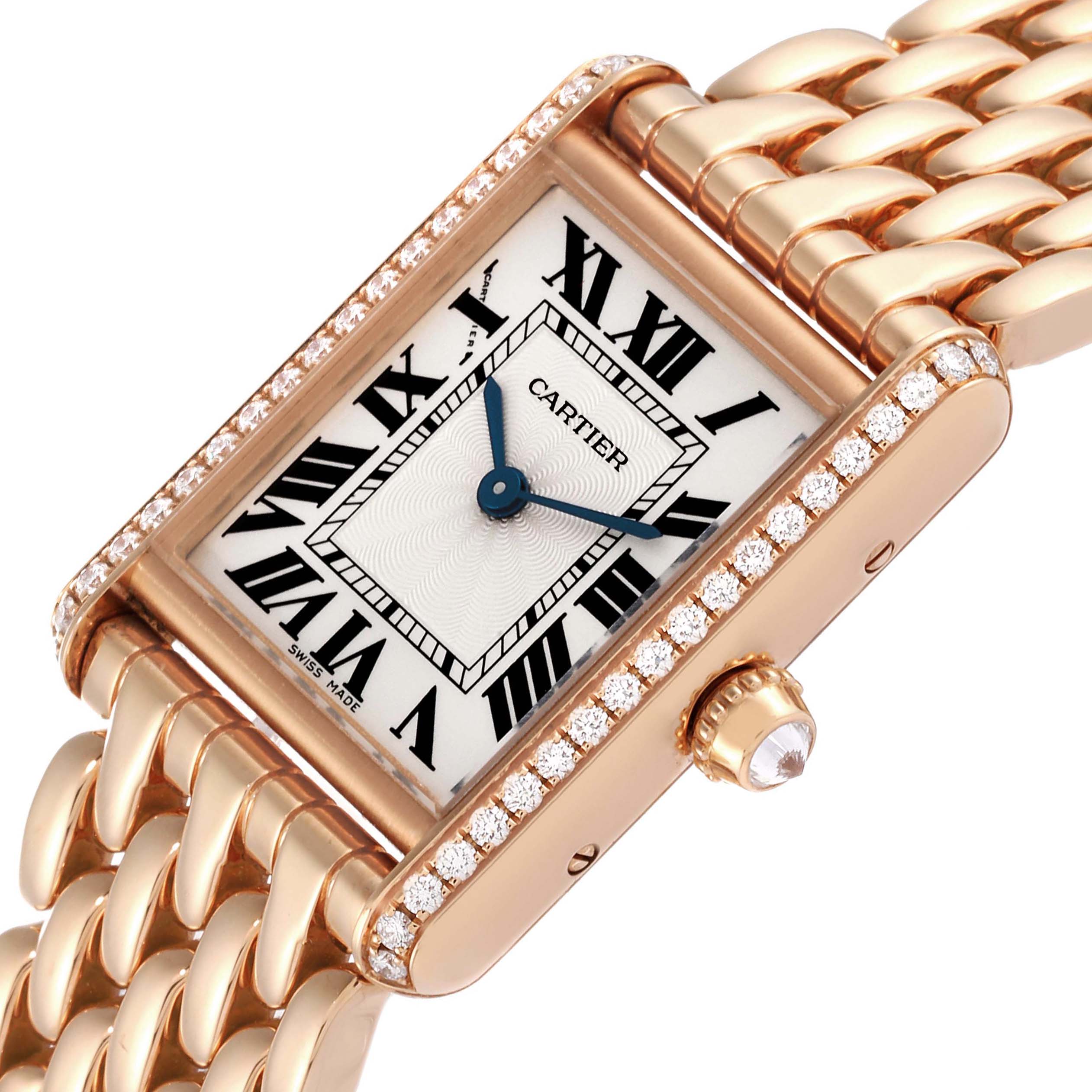 The image shows a close-up, angled view of the Cartier Tank Louis WJTA0020 Women's Rose Gold Silver Dial WJTA0020 Women's Rose Gold Silver Dial watch's face, bezel, crown, and part of the bracelet.