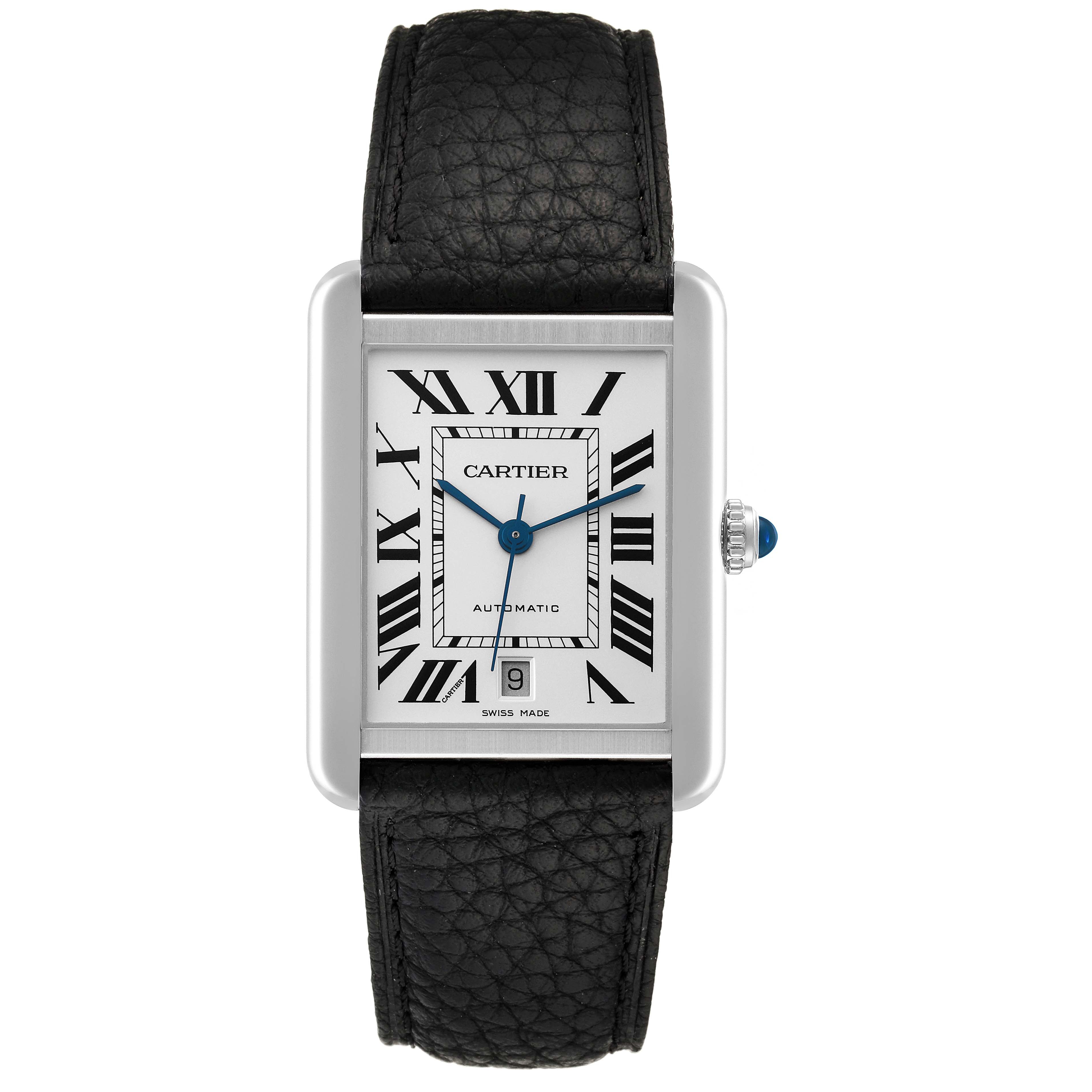 This image shows a Cartier Tank Solo W5200027 Men
s Stainless Steel Silver Dial W5200027 Men
s Stainless Steel Silver Dial watch from a front angle, highlighting the face, bezel, leather strap, and crown.