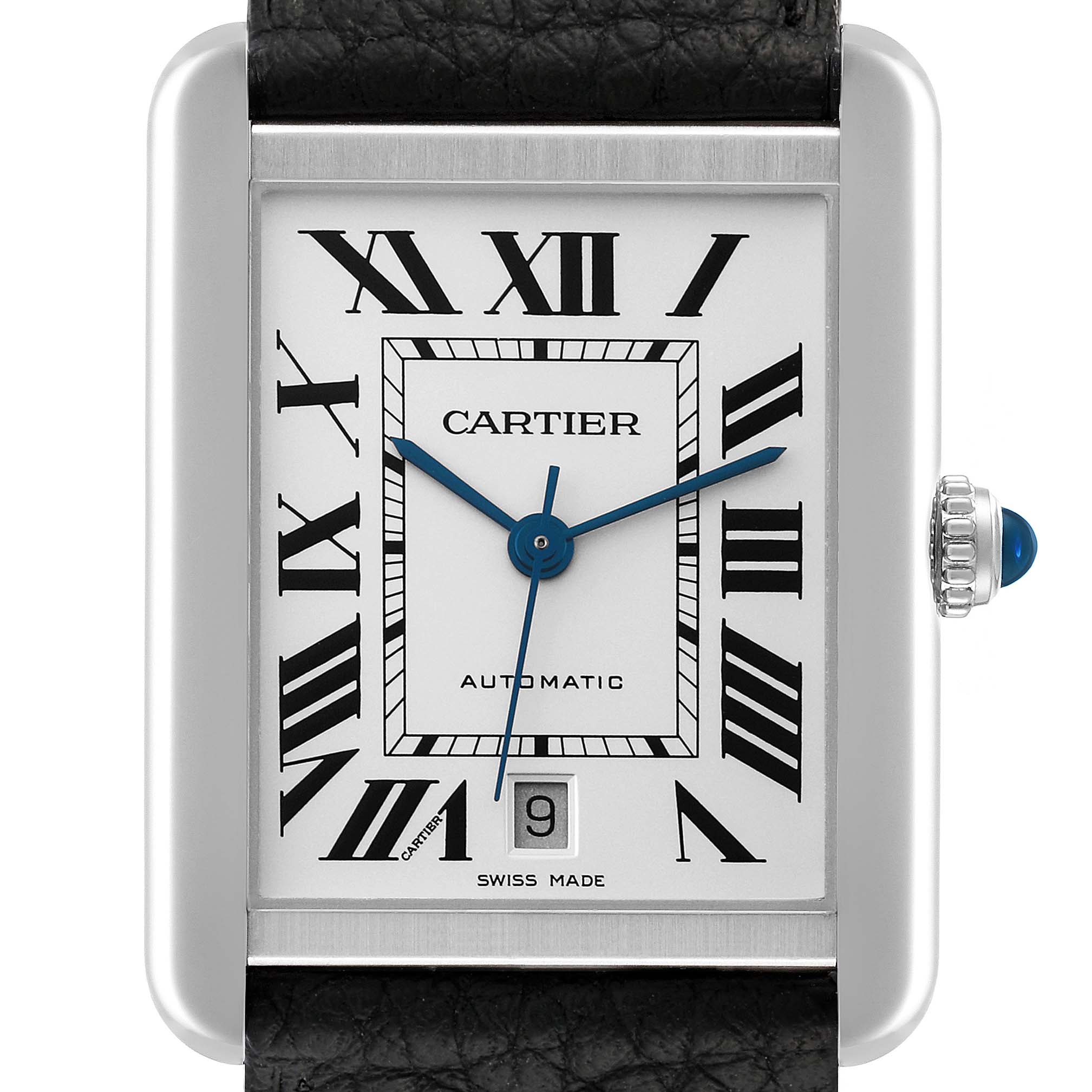 This image shows a close-up view of the Cartier Tank Solo W5200027 Men
s Stainless Steel Silver Dial W5200027 Men
s Stainless Steel Silver Dial watch face, showcasing Roman numerals, blue hands, date window, and crown.