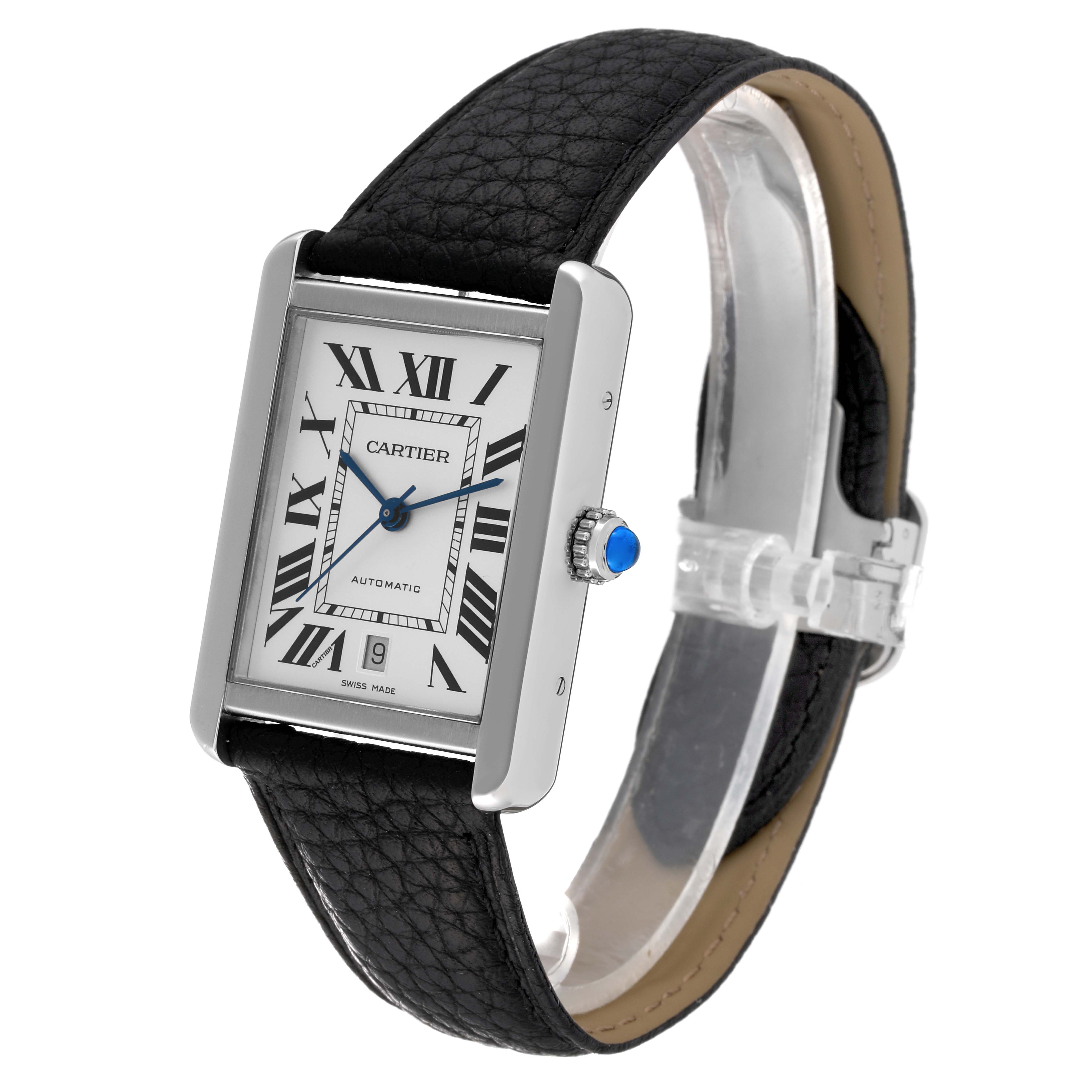 The Cartier Tank Solo W5200027 Men
s Stainless Steel Silver Dial W5200027 Men
s Stainless Steel Silver Dial watch is shown from a front angle, displaying its face, Roman numeral indices, and leather strap.