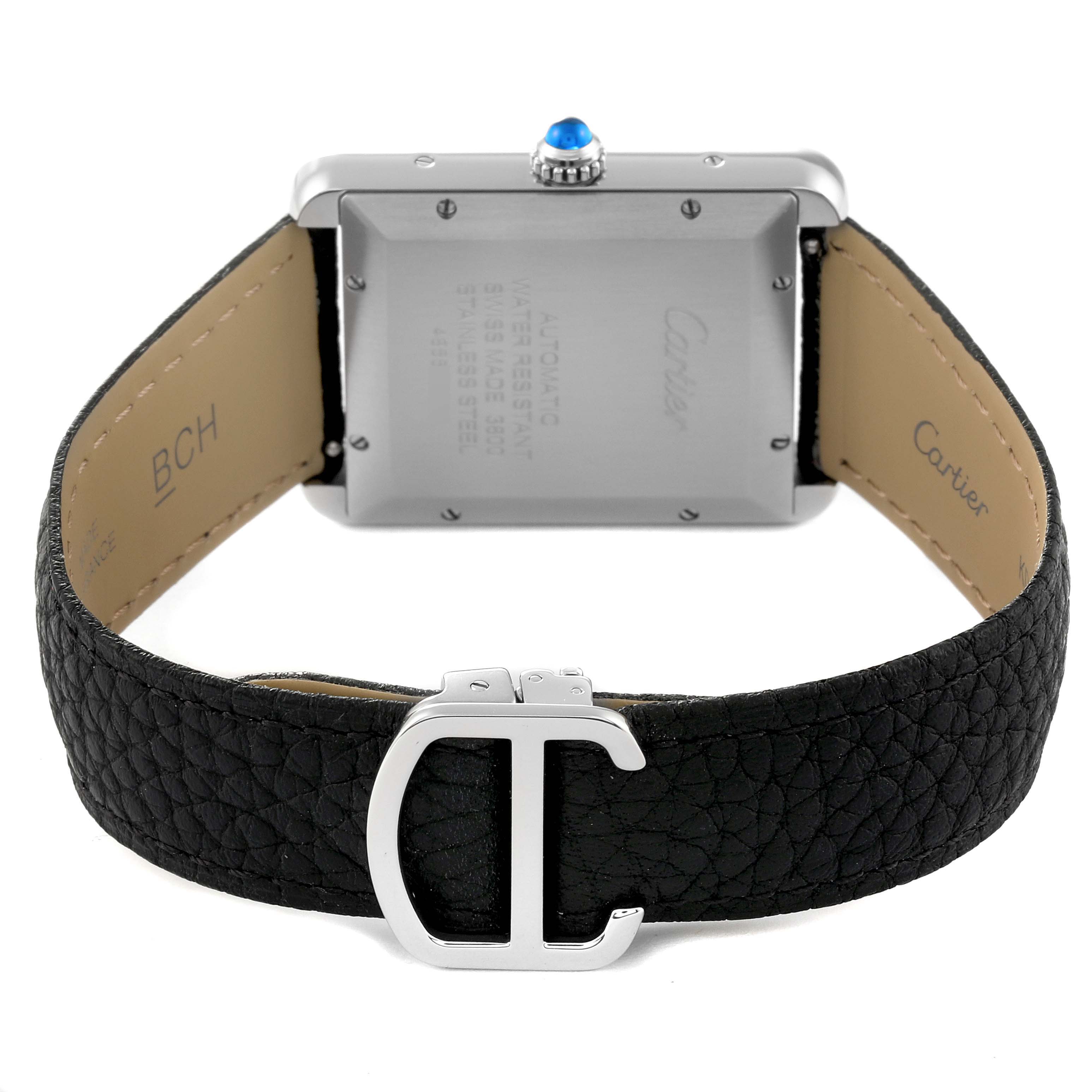 This image shows the back case and clasp of a Cartier Tank Solo W5200027 Men
s Stainless Steel Silver Dial W5200027 Men
s Stainless Steel Silver Dial watch, displaying the C-shaped buckle and leather strap.