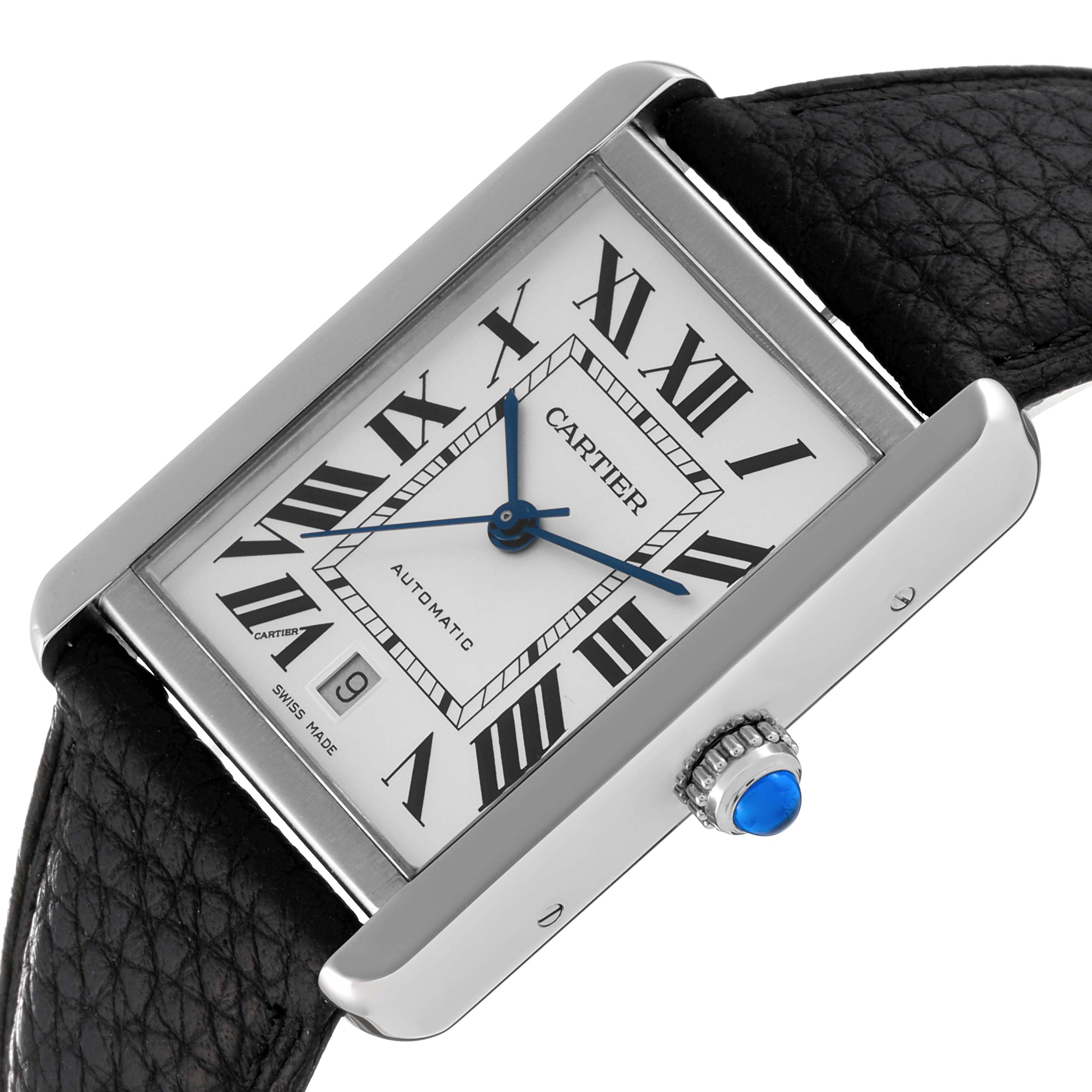 The image shows a front and side view of the Cartier Tank Solo W5200027 Men
s Stainless Steel Silver Dial W5200027 Men
s Stainless Steel Silver Dial watch, highlighting its rectangular face, Roman numerals, and crown.
