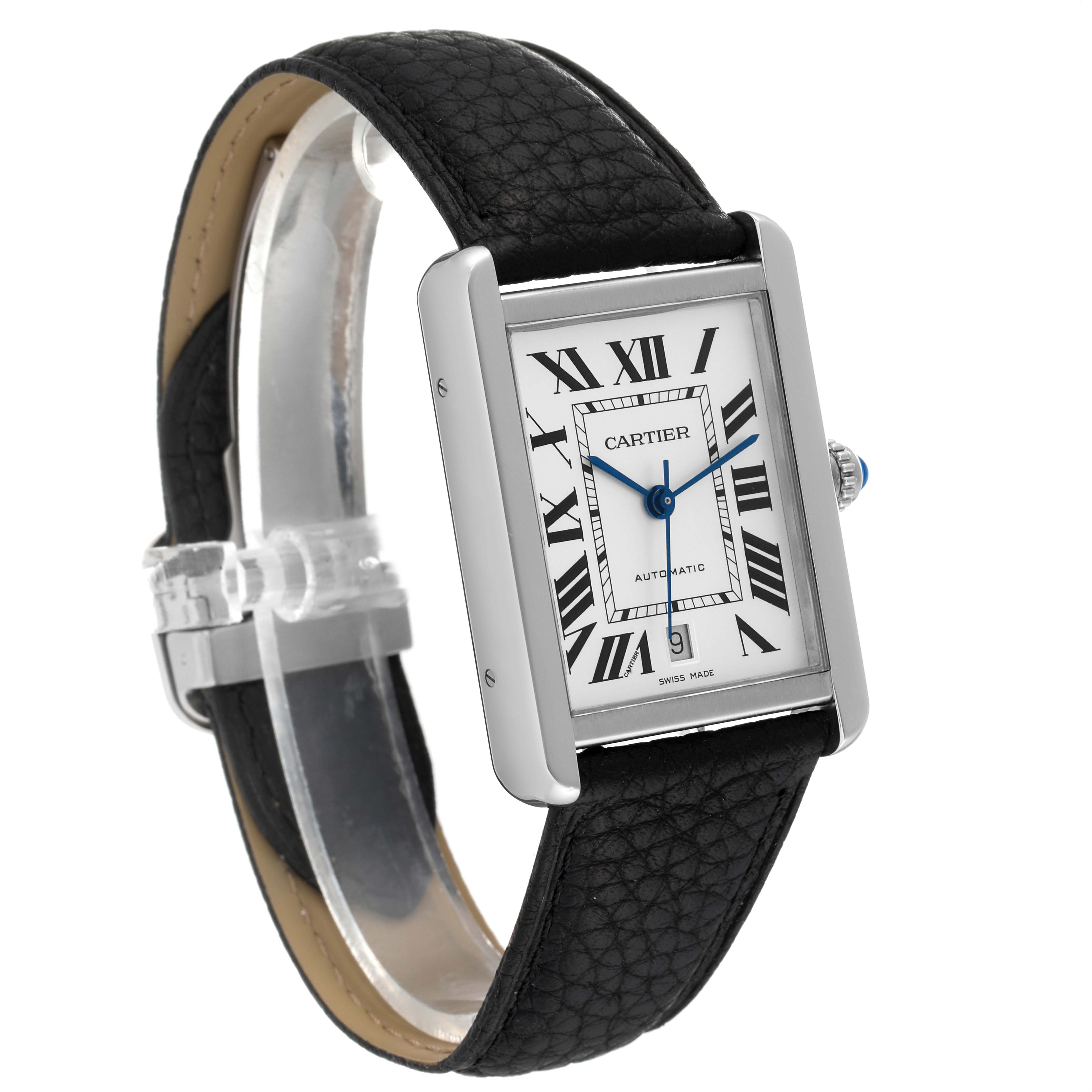 The Cartier Tank Solo W5200027 Men
s Stainless Steel Silver Dial W5200027 Men
s Stainless Steel Silver Dial watch is shown at a slight angle, displaying its face, black leather strap, and rectangular case with Roman numeral markers.