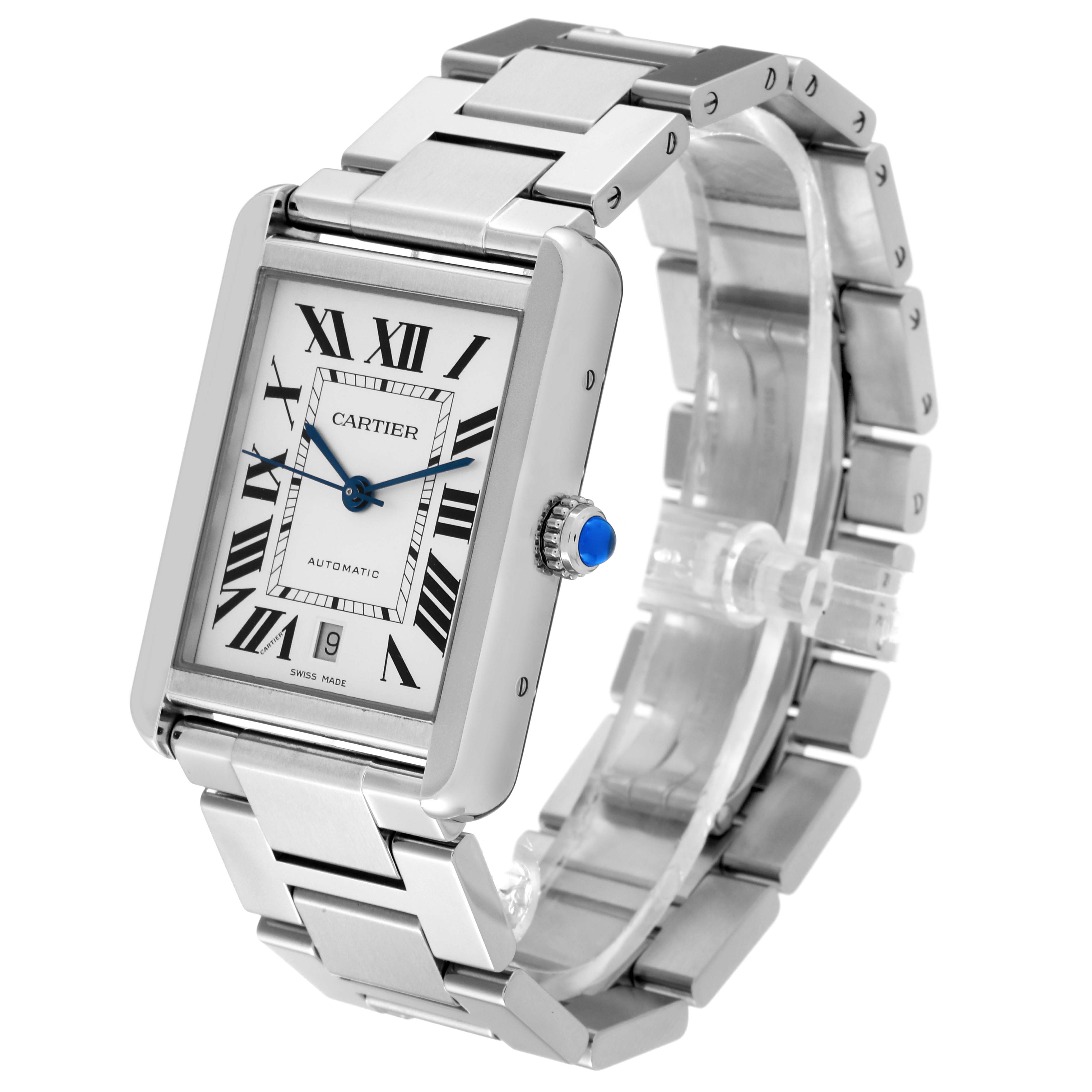The image shows a Tank Solo Cartier watch from a left-side angle, displaying its rectangular face, Roman numerals, and metal bracelet.