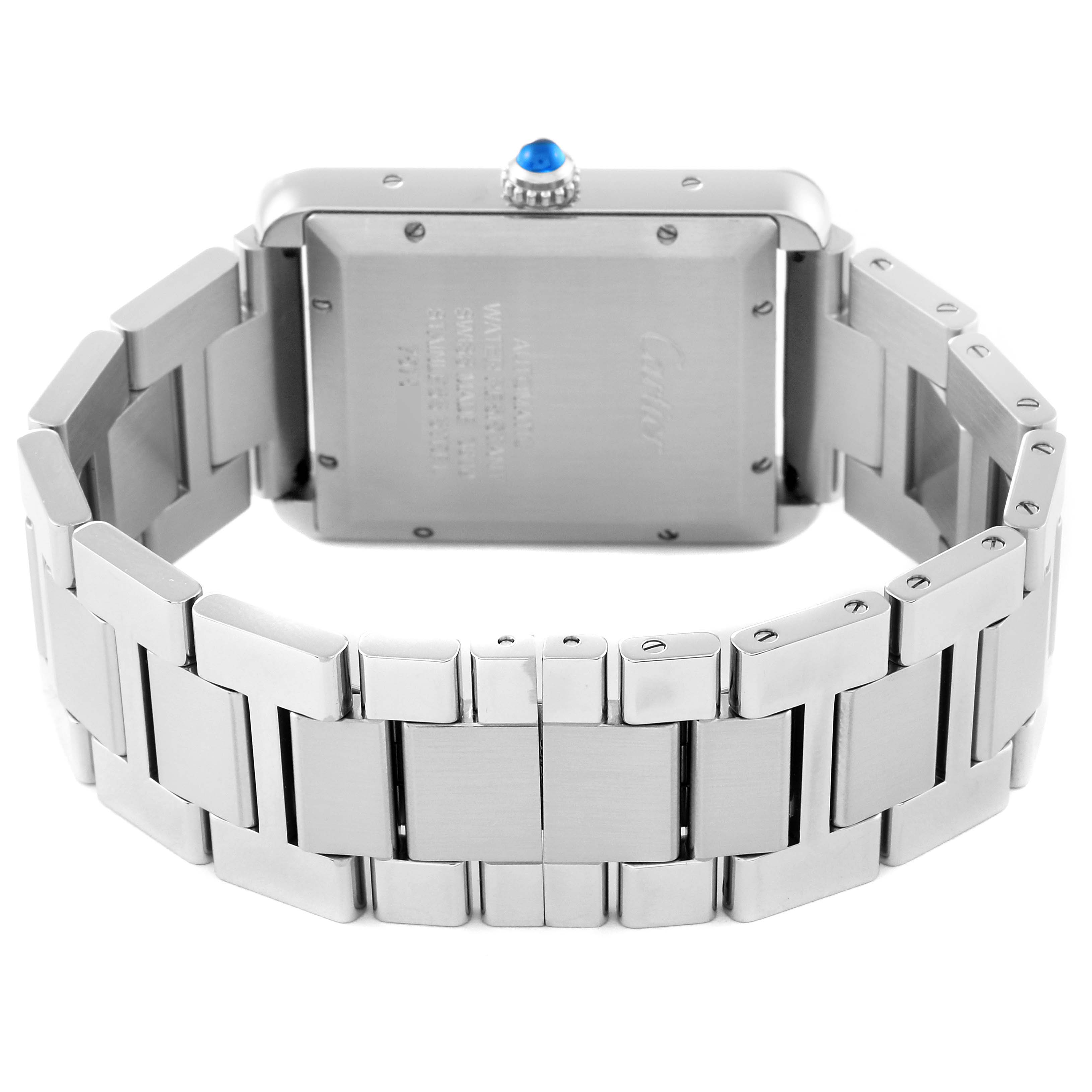 The image shows the back view of a Cartier Tank Solo W5200028 Men's Stainless Steel Silver Dial W5200028 Men's Stainless Steel Silver Dial watch, highlighting the back case and metal bracelet.