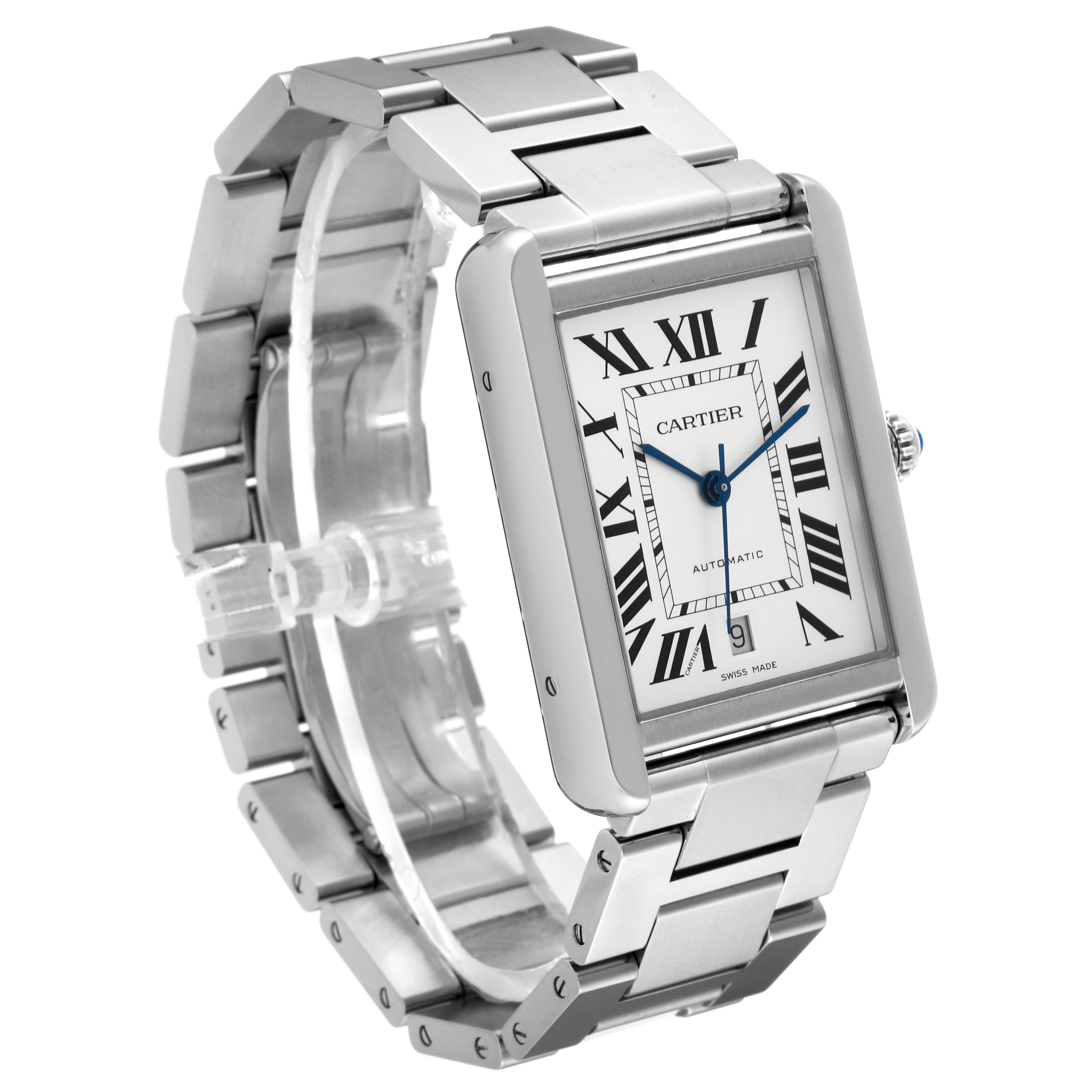 The Tank Solo model by Cartier is shown at a slight angle, displaying the rectangular face and metal bracelet.