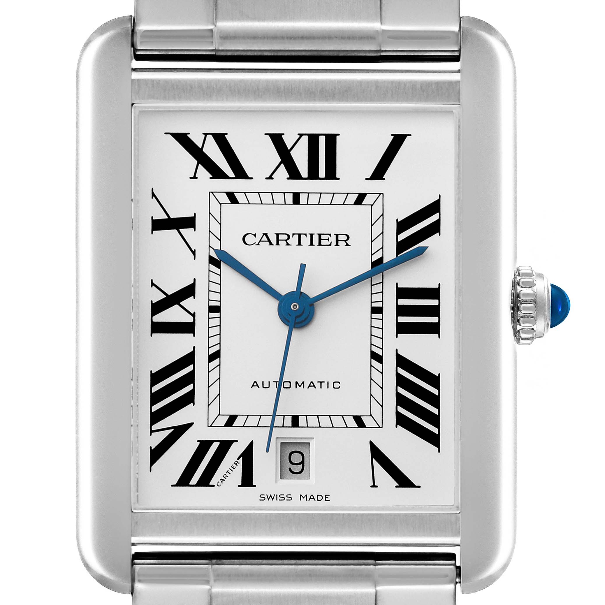 This image shows a close-up of the Cartier Tank Solo W5200028 Men's Stainless Steel Silver Dial W5200028 Men's Stainless Steel Silver Dial watch face, highlighting its Roman numerals, date window, and crown.
