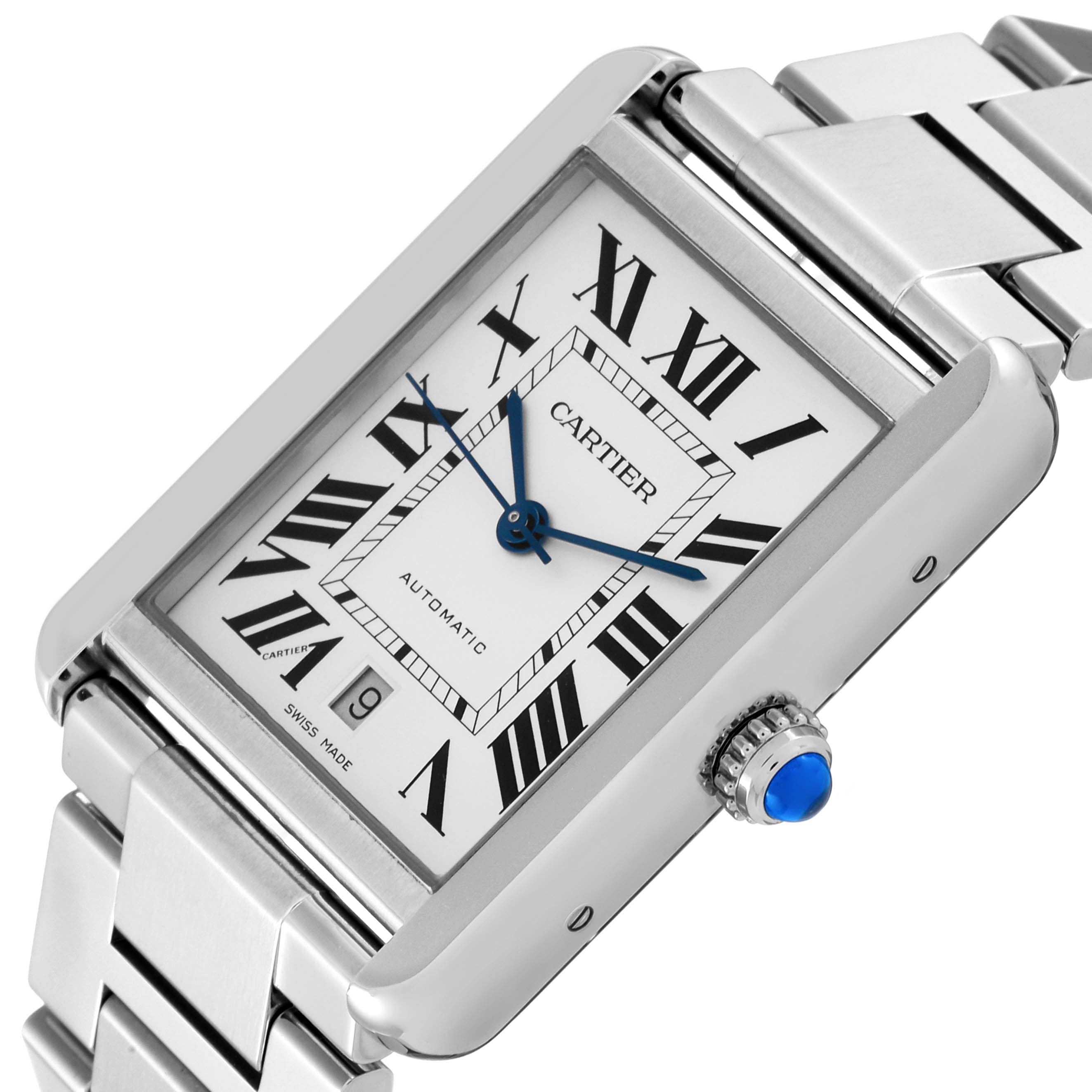 This image shows a close-up view of the Cartier Tank Solo W5200028 Men's Stainless Steel Silver Dial W5200028 Men's Stainless Steel Silver Dial watch, focusing on the face, crown, and part of the bracelet.