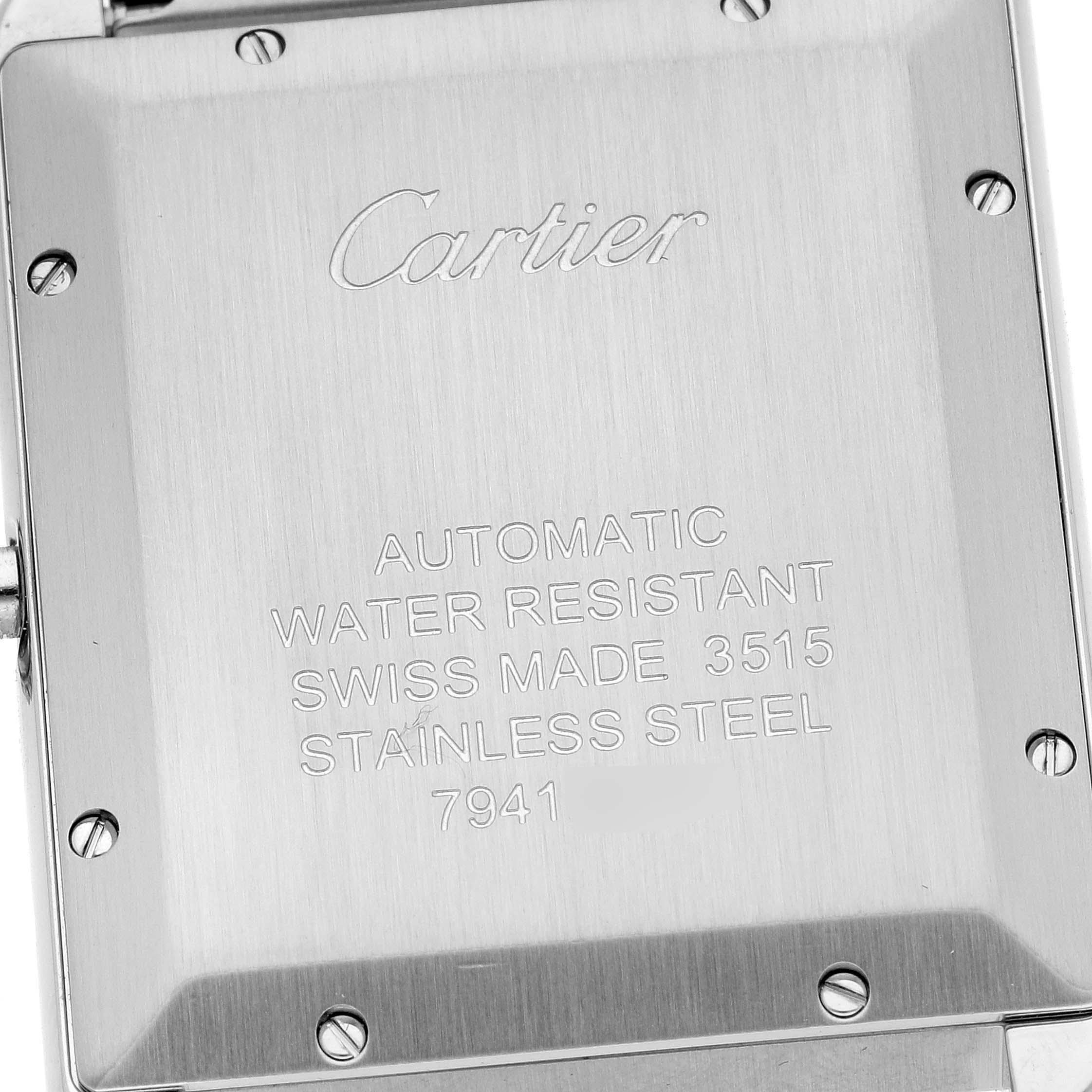 This image shows the case back of the Cartier Tank Solo W5200028 Men
s Stainless Steel Silver Dial W5200028 Men
s Stainless Steel Silver Dial model, displaying brand engraving and specifications.